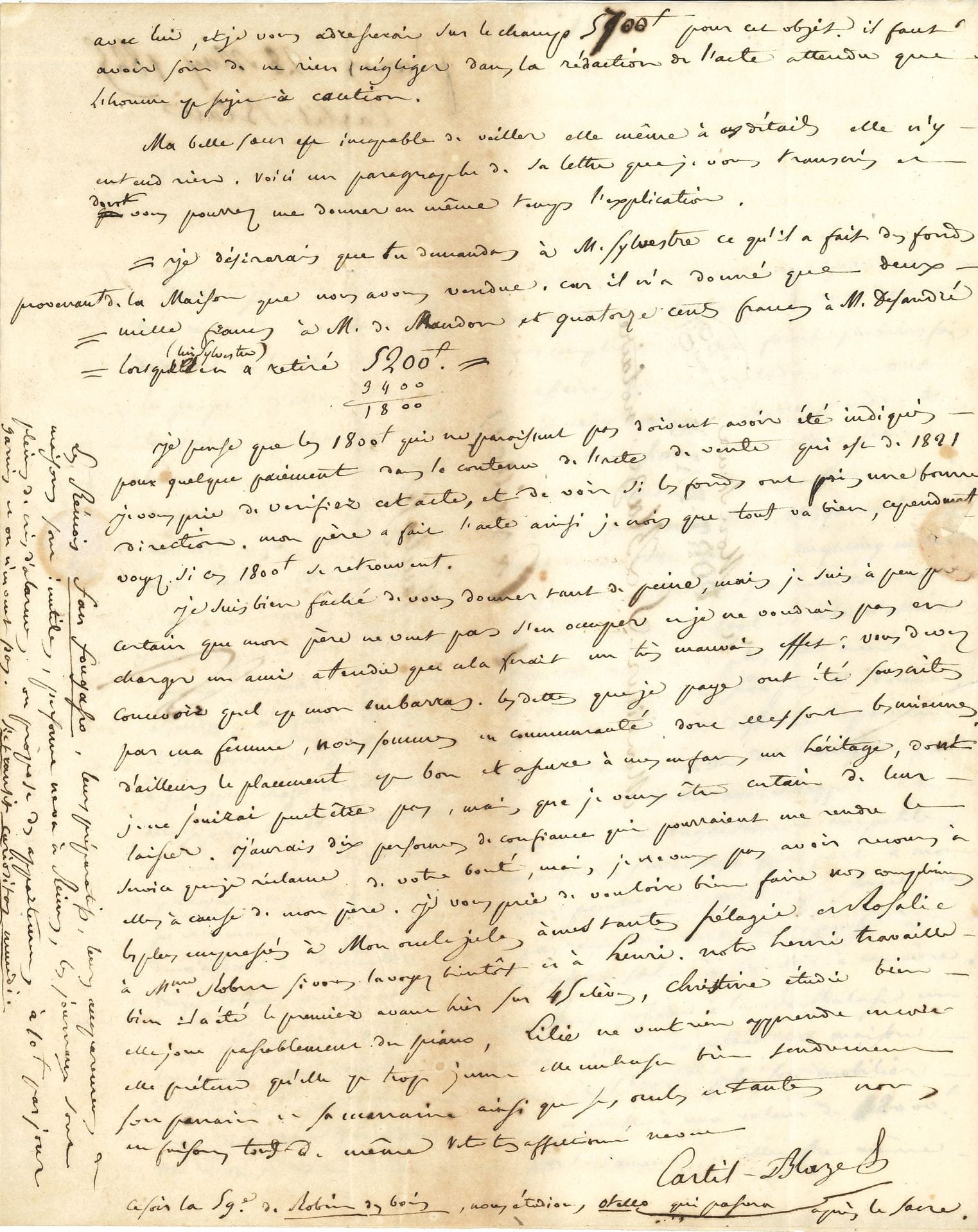 François-Henri-Joseph Blaze, dit CASTIL-BLAZE (1784-1857) compositeur et critique musical. 11 L.A.S., Paris 1821-1838, à son oncle Sébastien Blaze, notaire à Cavaillon (une à son père, notaire à Avignon, et une à sa sœur Henriette) ; 32 pages in-4, adresses.
Belle correspondance familiale, évoquant le monde de la musique et du journalisme. 9 avril 1821, sur sa décision de se fixer à Paris : « je ne vois que le métier que je fais qui puisse me donner de quoi vivre et de quoi élever mes enfans. […] toutes les chances sont pour moi »… 18 mai 1825. « Mon théâtre et mon commerce m’ont rendu cette année vingt-cinq mille francs environ »… Cependant il prie son oncle de s’occuper de ses affaires, notamment avec sa belle-sœur Angélique Bury… 15 octobre 1828. Mort de sa femme, « notre bonne Félise », après une longue et douloureuse maladie (détails)… 5 février 1833. « L’année dernière a été très mauvaise pour moi, j’ai quelques espérances pour celle-ci mais elles sont fort éloignées » : son Don Juan passera après Le Bal masqué d’Auber et Scribe. « Si Rossini me manque et qu’il faille trop attendre pour passer à l’Opéra je me déciderai à transmuter ce drame lyrique en un drame parlé pour la Porte St Martin où Victor Hugo vient d’obtenir un succès admirable, Lucrèce Borgia. Je fais de la prose dans Le Constitutionnel et La Revue de Paris, c’est là le plus clair de mon affaire »… Rumeur du mariage de sa « grosse dévote » de fille Christine, avec Jules Janin… Débuts de son fils dans le journalisme… 27 décembre 1834. Commentaire sur une épreuve de force entre le directeur de l’Opéra-Comique et la « coalition des auteurs ». On répète maintenant Robin des Bois : « nous irons en scène le 10 janvier s’il n’y a pas quelque nouveau coup de Jarnac. Les auteurs ne font que de la drogue, le directeur mange son argent […], je laisse faire et attends patiemment comme Jonas que Ninive soit détruite on vienne crier famine chez moi. Si Robin des Bois est encore arrêté on ne pourra pas dire que j’ai sollicité sa reprise »… 18 août 1835. « Il y a de l’écho, Figaro l’a dit et je le répète » : après le mariage de son fils Henri, celui de sa fille Christine, fiancée avec Buloz, directeur de la Revue des Deux Mondes et de la Revue de Paris : « M. Buloz n’a pas de fortune – 20 ou 25 mille francs, mais il est dans une belle position, directeur et actionnaire de deux journaux qui marchent bien, ayant 8000f pour sa direction, le logement, et même la voiture. Il n’est pas précisément beau, mais il est de belle taille et fortement constitué. C’est un parfait honnête homme, plein de délicatesse et fort amoureux, il soupire depuis un an »… 12 octobre 1835. Il fait « marcher de front » la noce de sa fille avec un opéra en 3 actes pour le Théâtre-Italien. « Rossini en est très content et moi aussi »… Les quatre rôles principaux seront tenus par Lablache, Tamburini, Rubini et Mlle Grisi, le livret a été admirablement traduit. « J’avais fait l’an passé à Champigny un opéra-comique dont le sujet était l’élection d’un pape, cela ne pouvait guère se représenter, bien que ce fût tout à fait en dehors des choses religieuses, Rossini voulut voir ma partition, il y trouva de la gaîté, de la verve comique, il me dit qu’il voyait en moi un homme capable de ranimer le genre bouffe qui se perd. On ne nous fait, on ne nous envoye que des opéras pleurards, Lablache n’a pour lui que La Prova, déjà bien vieille et bien usée. Faites-nous une farce d’une gaîté folle pour cet acteur, et tâchez d’y introduire ces trois morceaux que je trouve excellens. La musique est élastique, elle dit ce qu’on veut lui faire dire »… Il a suivi les conseils de Rossini ; ce sera Gayoffe, tragi-comédie en trois tableaux… 30 janvier 1836. Souffrant, il a dû renvoyer la représentation au mois de septembre. « La Grisi qui devait jouer le rôle principal a été malade pendant les répétitions »… 13 novembre 1835. Nouvelles des nouveaux mariés, et grande satisfaction quant au gendre Buloz, « comme moi parti de zéro », etc. « Sa figure a du rapport avec celle de Bonaparte, il est légèrement guéché »… Nouvelles de son opéra, auquel il ne manque que les récitatifs. « La Malibran est à Milan, si celle-là remplaçait Mlle Grisi ce serait trop beau »… C’est une grande affaire pour lui, qui pourrait lui ouvrir une carrière « plus lucrative et moins pénible que celles des journaux »... 29 mars 1836. « Je suis en marché pour vendre mon magasin de musique et mes planches »… 23 décembre 1842. Anecdote sur l’origine de son pseudonyme (Gil Blas de Santillane), et la méprise causée par la publication d’un extrait de ce roman dans la presse. « Je suis dans un grand mouvement d’affaires, il me faudrait un secrétaire un commis, un galopin pour m’aider à faire ce que je fais tout seul »… Instructions précises pour terminer l’affaire de la Méthode de violon de Kaudelka, dont il a avancé les frais de gravure…
On joint 3 l.a.s. de son neveu Sébastien Blaze fils (1822), de son frère Elzéar (1838), et de son fils H