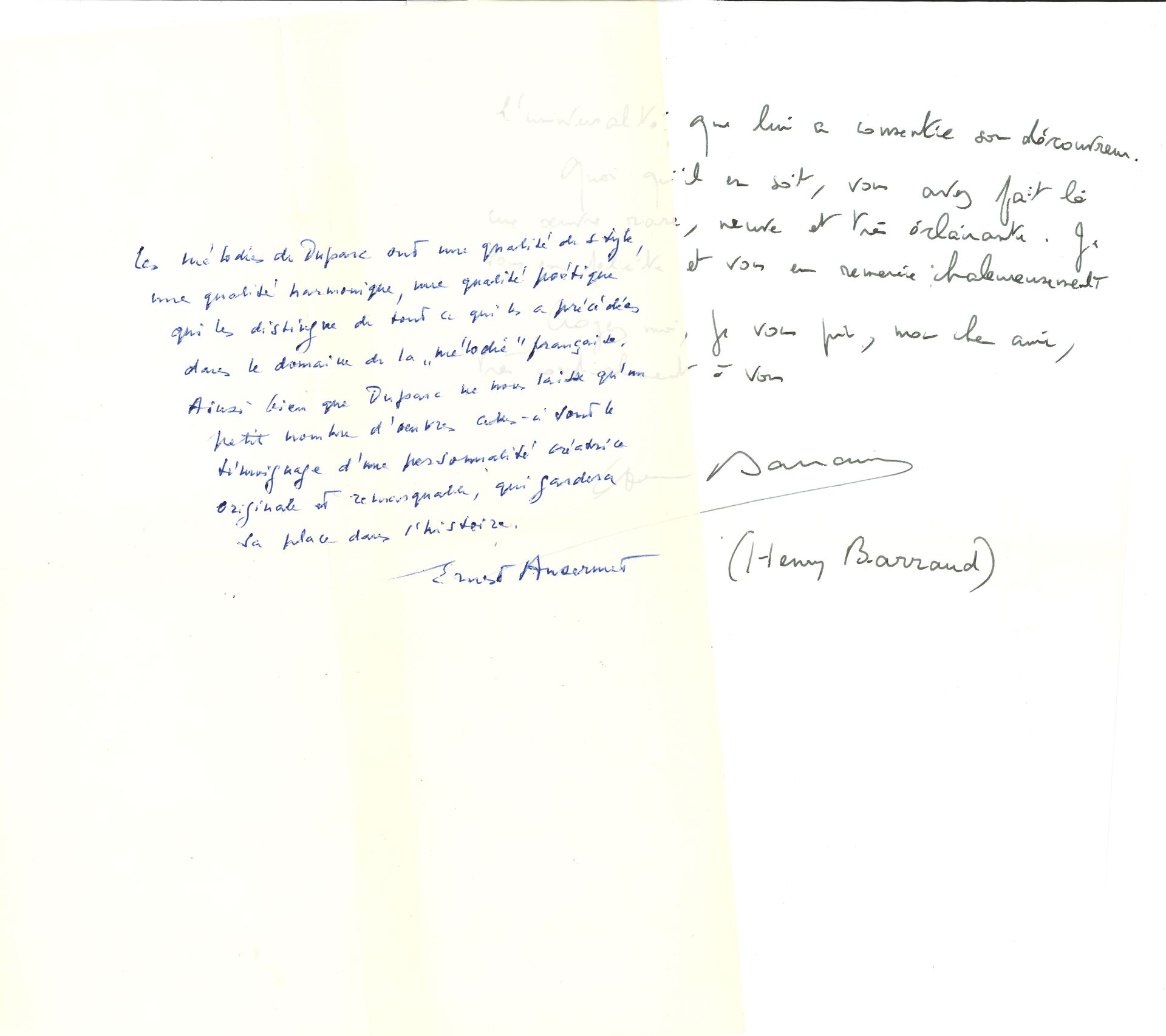 MUSIQUE. Environ 70 lettres ou pièces, la plupart L.A.S. au musicologue Rémy STRICKER.
Ernest Ansermet (3, dont un jugement sur Duparc), Henry Barraud, François-Régis Bastide, Pierre Bergé (2), Jacques-Émile Blanche, Fernand Braudel (2), Martine Cadieu (3, et 4 livres avec envois), David Cairns, Jean-Louis Crémieux-Brilhac (belle réponse à son Schumann), Daniel-Lesur (2, dont jugement sur Duparc), André Delvaux, Suza et François Desnoyer (6), Henri Dutilleux (envoi de Mystère et mémoire des sons), Maurice Emmanuel, Raymond Gallois-Montbrun, Arthur Hoérée, Vladimir Jankélévitch, Betsy Jolas, Lili Kraus (programme dédicacé), Marcel Landowski, Jack Lang, Claude Lévi-Strauss, Antoine Livio, Hugh Macdonald, Edgar Morin, Pierre Nora (3), Charles Panzera, Jean-François Revel, Marthe Robert (2), Roland-Manuel (6), Paul Rouart, Gustave Samazeuilh, Henri Sauguet, Michel Schneider, Blanche Selva, Philippe Sollers, Pierre Vidal-Naquet, etc.