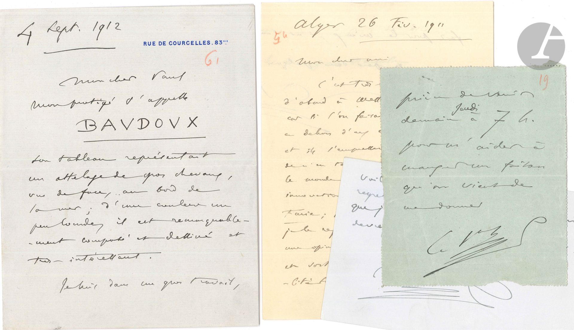 Camille SAINT-SAËNS. 12 L.A.S. et 1 L.A., 1887-1920, [à son ami le musicien Paul Dugas, ou son fils le peintre Paul Steck] ; 20 pages formats divers, une adresse.
[1887]. « Le petit chat noir sera sans doute content de savoir qu’on s’occupera de lui ». 18 juillet 1888. « Tu serais bien, bien gentil de te montrer favorable à la demande de M. Gabriel Sizes de Toulouse, qui désire jouer à Biarritz mon Concerto en sol mineur. C’est un de mes bons amis, et il a beaucoup de talent »… Béziers 29 août 1899. Il a mené son enquête : « Castelbon lui-même vous a invité » ; il est incroyable que l’invitation se soit perdue… [25 septembre 1901]. Convocation « pour m’aider à manger un faisan qu’on vient de me donner »… Alger 26 février 1911. « C’est très délicat. Parles-en d’abord à Messager et à Brousson ; car si l’on faisait n’importe quoi en dehors d’eux cela les froisserait ». Les innovations archéologiques de la Furie n’ont pas été approuvées par tout le monde, il regrette de ne pas les avoir vues : « Il faut éviter l’étrange et sortir, s’il se peut, de la banalité sans tomber dans le ridicule »…  19 septembre 1911. Il est de retour à Paris et regrette déjà la chaleur de l’été : « Comme je sens bien que je descends du singe ! je ne devrais jamais quitter les tropiques »… 4 septembre 1912. Recommandation en faveur de son protégé le peintre Émile Baudoux : « Son tableau représentant un attelage de gros chevaux, vus de face au bord de la mer ; d’une couleur un peu lourde, il est remarquablement composé et dessiné et très intéressant. Je suis dans un gros travail »… Etc.