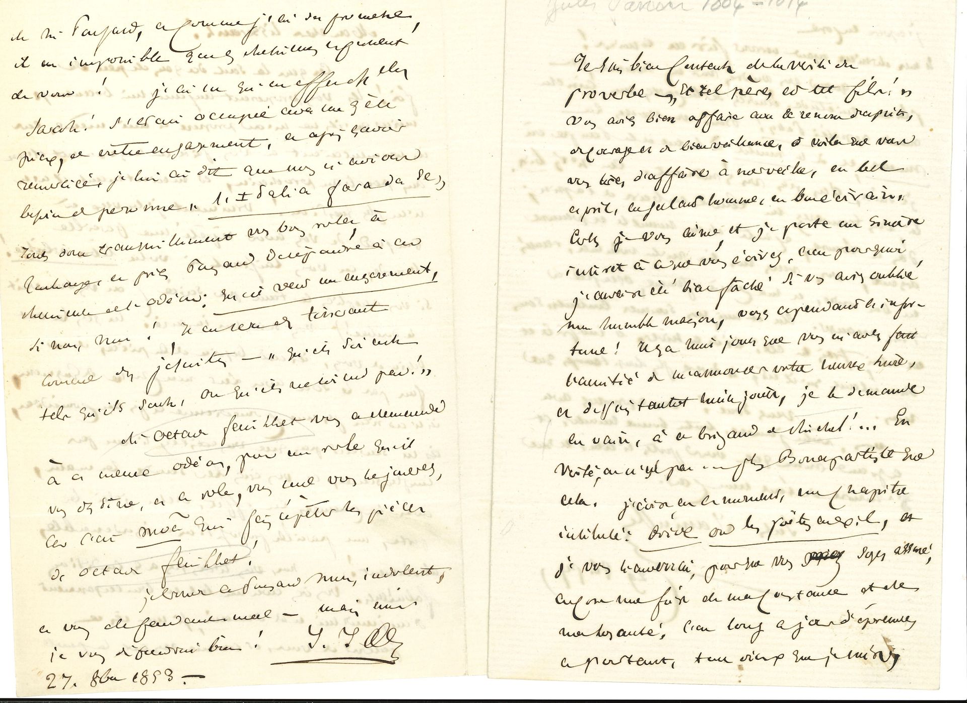 Jules JANIN (1804-1874). 4 L.A.S. et 2 P.A.S. ; 7 pages in-8 et une enveloppe, et 2 pages oblong in-4.

8 avril 1850 : « Une malheureuse compagnie d’Arcachon me réclame, après six ans de silence, une somme d’argent que j’aurai grand-peine à payer, si je suis condamné. Cette réclamation intempestive, cruelle […] est pour moi une menace de tous les jours »… 27 octobre 1853, « au bon comédien Tisserant », au sujet d’un engagement à l’Odéon : « Ces gens-là sont des gens de peu de foi ! Ils vous proposent aujourd’hui beaucoup moins qu’ils ne m’ont proposé à moi-même, […] ces gens-là ont besoin de vous, ils ont besoin de la pièce […], une pareille proposition est inconvenable absolument ! Non, vous n’irez pas en ces conditions »… 29 octobre 1857, à un écrivain dont il réclame le livre en vain, à « ce brigand de Michel [Lévy] !... Et voilà, ce n’est pas…plus Bonapartiste que cela. J’écris en ce moment un chapitre intitulé Ovide ou les poètes en exil, et je vous l’enverrai pour que vous soyez assuré, encore une fois de ma constance et de ma loyauté »… 6 juin 1858, demande de places de théâtre. – Plus une lettre écrite en son nom par sa femme (et une lettre non identifiée adr. à Léon Vanier, 1887). Et 2 amusantes pages d’album (une déchirée et réparée). 
On joint 3 L.A.S. et une P.A.S. d’Alphonse KARR, dont une à Th. de Banville ; plus 2 lettres d’un Lebrun de Riom (1836), et de Jules Michelet (1874).
