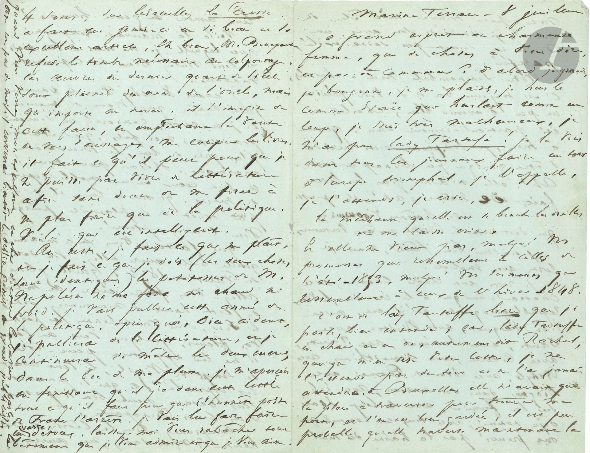 Victor HUGO. L.A., Marine Terrace [Jersey] 8 juillet [1853, à Delphine de Girardin] ; 4 pages in-8.
Longue et belle lettre sur son exil et les petitesses de Napoléon III.

« Ô grand esprit et charmante femme, que de choses à vous dire, et par où commencer ? D’abord je gronde, je bougonne, je me plains, je hurle comme Isaïe qui hurlait comme un loup, je suis très malheureux, je n’ai pas Lady Tartufe ! Je la vois dans tous les journaux faire un tour d’Europe triomphal, je l’appelle, je l’attends, je crie
 La méchante qu’elle est se bouche les oreilles
 Et me laisse crier.
Et elle ne veut pas, malgré vos promesses qui ressemblent à celles de l’été 1853, malgré vos serments qui ressemblent à ceux de l’hiver 1848. C’est de Lady Tartuffe livre que je parle, bien entendu ; car, lady Tartuffe en chair et en os, autrement dit Rachel, quoi que m’en dise votre lettre, je ne l’attends pas du tout et ne l’ai jamais attendue. À Bruxelles elle n’avait que la place à traverser pour trouver ma porte, et s’en est bien gardée ; il est peu probable qu’elle traverse maintenant la mer pour trouver mon île. Du reste, je suis de son avis, une visite ici serait peu saine. Exilé, pestiféré »…
Il plaisante un peu Delphine sur sa somnambule, qu’il soupçonne d’être « quelque peu bonapartiste. Ah ! Elle n’aime pas les livres faits de haine ; ah ! elle repousse
 Ces haines vigoureuses
Que doit donner le crime aux âmes vertueuses ?
J’en suis bien fâché, mais je reste avec Molière. Je reste avec André Chénier, avec Chateaubriand qui a le croc dur, le vieux républiquinquiste qu’il est, avec Jean-Jacques, avec Milton, avec Dante, avec Juvénal, avec Tacite, avec Cicéron, avec Démosthènes, avec Eschyle, avec Jean de Patmos, avec Diogène dans son tonneau, avec Job sur son fumier, avec le loup Isaïe déjà nommé, avec tous ces hommes qui ont prouvé par la haine du mal leur amour du genre humain ! Voilà la mauvaise compagnie avec laquelle je me mets à vos pieds »…
Que fait-elle ? « Quelle belle œuvre allez-vous dater de Paris de 1853 ? Quelle gloire allez-vous faire éclore au milieu de cette honte ? Murmurez donc, le soir, dans vos colonnes et parmi vos fleurs, quelques vers au vent ; il me les apportera peut-être. Du temps de Virgile, le vent avait cet esprit-là. Ce qui se passait sous Octave peut bien se passer sous Louis Bonaparte. Comprenez-vous la bêtise de cet homme ? Vous savez, mes œuvres de 4 sous, sur lesquelles La Presse a fait ces jours-ci un si beau et si excellent article [par Paulin Limayrac sur l’édition populaire de ses œuvres, le 3 juillet], eh bien, M. Bonaparte refuse le timbre nécessaire au colportage. Ces œuvres du dernier quart de siècle sont pleines du nom de l’oncle, mais qu’importe au neveu. Il s’imagine de cette façon, en empêchant la vente de mes ouvrages, me couper les vivres. Il fait ce qu’il peut pour que je ne puisse pas vivre de littérature afin sans doute de me forcer à ne plus faire que de la politique. Voilà qui est intelligent. Au reste, je fais ce qui me plaît, et je fais ce que je dois (les deux choses sont identiques) les petitesses de M. Napoléon ne me font ni chaud ni froid. Je vais publier cette année de la politique, après quoi, Dieu aidant, je publierai de la littérature, et je continuerai de mêler les deux encres dans le bec de ma plume »…