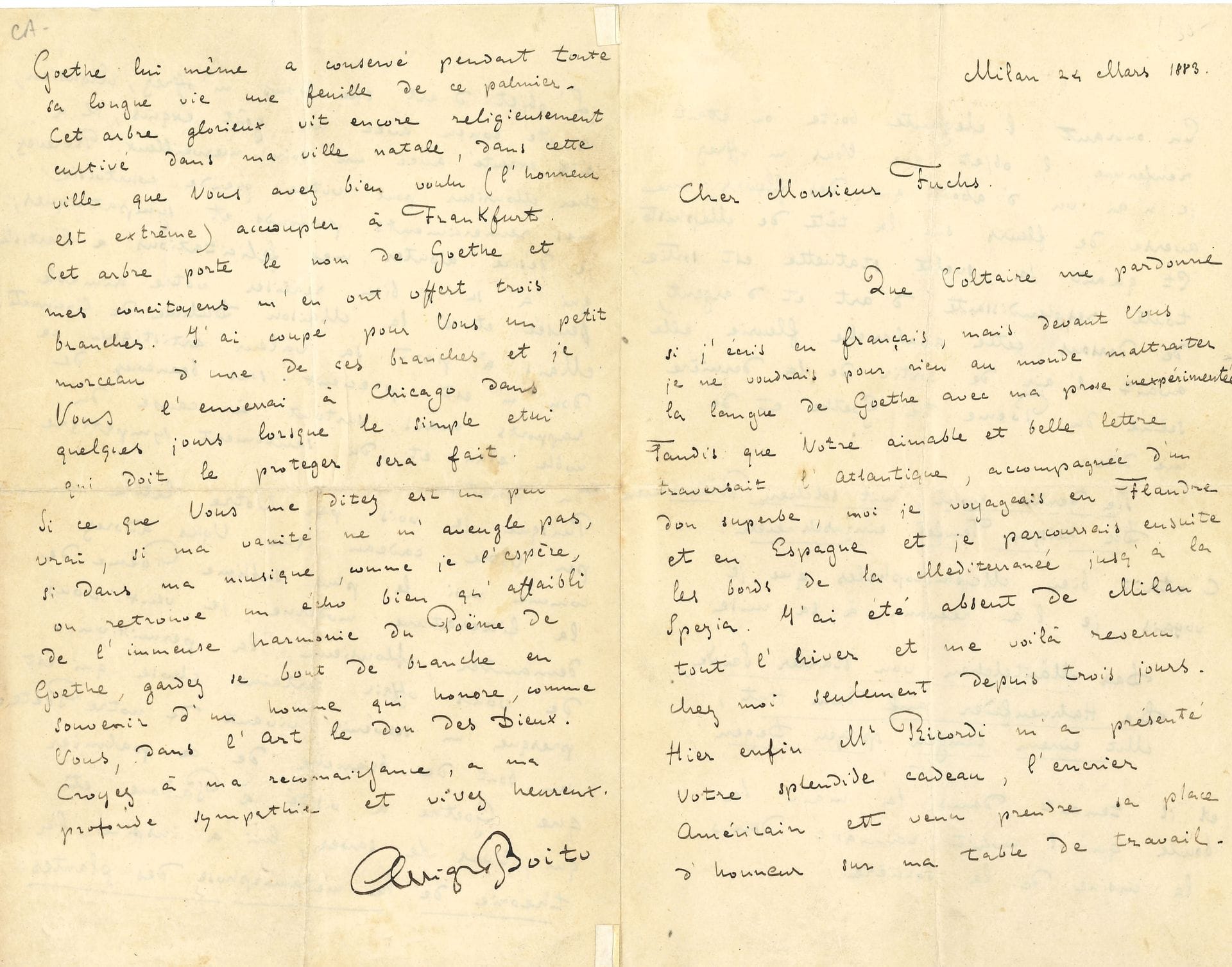 Arrigo BOÏTO (1842-1918). L.A.S., Milan 24 mars 1883, à Gustave Fuchs à Chicago ; 4 pages in-8, enveloppe avec cachets cire rouge.
Belle lettre remerciant pour l’envoi d’un encrier représentant Faust, et sur son opéra Mefistofele.
Il remercie pour ce splendide cadeau, reçu à son retour de Flandre et d’Espagne : « l’encrier Américain est venu prendre sa place d’honneur sur ma table de travail ». En ouvrant la boîte, il n’a d’abord vu qu’une « avalanche de fleurs sur la tête de Méphisto ». En sortant la statuette « toute resplendissante d’art et d’argent, […] elle avait l’air de sortir de la dernière scène du Poëme de Goethe », dont Boïto cite quelques vers. Il remercie pour cet objet d’art, d’un goût exquis, et envoie ses félicitations à l’artiste et à la maison Duhme de Cincinnati. En échange, et au nom de leur adoration commune pour l’œuvre de Goethe, « le plus sublime Poëme de la littérature moderne », il désire lui offrir « un bout de ce palmier que Goethe a visité à Padoue et qui, vous le savez, lui a inspiré la théorie de la métamorphose des plantes. Goethe lui-même a conservé pendant toute sa longue vie une feuille de ce palmier. Cet arbre vit encore, religieusement cultivé dans ma ville natale […] Cet arbre porte le nom de Goethe et mes concitoyens m’en ont offert trois branches », dont il a coupé le petit morceau qu’il va lui envoyer dans un étui… « si ma vanité ne m’aveugle pas, si dans ma musique, comme je l’espère, on retrouve un écho bien qu’affaibli de l’immense harmonie du Poëme de Goethe, gardez ce bout de branche en souvenir d’un homme qui honore, comme vous, dans l’art le don des Dieux »…
