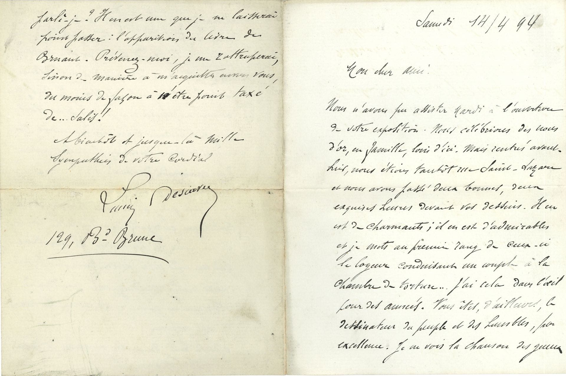Lucien DESCAVES (1861-1949). 5 L.A.S., 1894-1909, à Steinlen ; 8 pages in-12, une enveloppe et 2 adresses.
14 avril 1894. Il le félicite pour son exposition de dessins : « Il y en a de charmants ; il y en a d’admirables et je mets au premier rang de ceux-ci le logeur conduisant un couple à la chambre de torture. J’ai cela dans l’œil pour des années. Vous êtes d’ailleurs le dessinateur du peuple et des humbles, par excellence. Je ne vois la Chanson des gueux, notamment, bien illustrée que par vous » ; il le remercie de sa mention en regard de sa belle composition pour Les Emmurés [roman de Descaves sur les aveugles] ; il ne laissera « point passer l’apparition du livre de Bruant ». 1907 : 3 échanges à propos d’un ouvrage en cours dont il lui envoie la copie. 11 septembre 1909 : il a vu ses premiers dessins pour Barabbas (qui ne sera publié qu’en 1914) : « ils sont admirables, admirables ! […] Et les frises, la grande et les petites, comme c’est émouvant ! »…