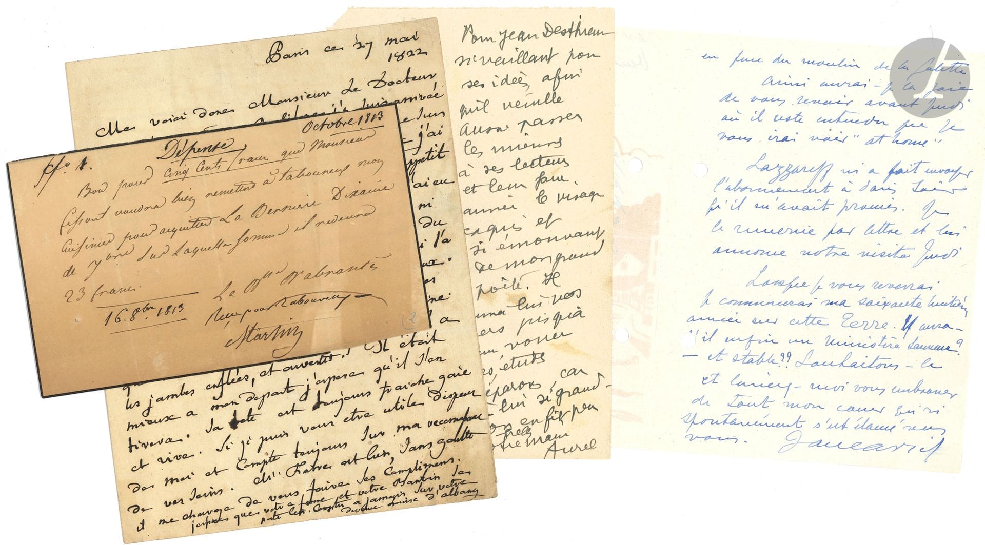 FEMMES. Environ 75 lettres de femmes de lettres ou de spectacle, la plupart L.A.S. (et doc. joints).
Laure d’Abrantès (plus sa fille Joséphine Junot d’Abrantès et son fils Napoléon), Juliette Achard (à Paul Giannoli), Louise Ackermann, Juliette Adam (2), Mme Paul Adam (4), Louise d’Albany, Blanche d’Antigny (4 photographies), Mme Arman de Caillavet, Aurel (2), Jane Avril, Régina Badet, Albertine de Broglie, Eugénie Buffet, Jane Catulle-Mendès, Sophie Croizette (2), comtesse Dash (3), Renée Dunan, Marguerite Durand, comtesse de Flavigny (2), Delphine de Girardin, Jeanne Granier (3), Yvette Guilbert (2 à Albert Messein), Mme Hérault de Séchelles, Marie-Victoire Jaquotot, Judith, Hermine Lecomte du Nouy, Mathilde Marchesi, comtesse Crillon Pozzo di Borgo, Hermione Quinet, Juliette François-Raspail (3 à Lucien Descaves), Louise Read (et lettre de Georges Dumesnil), Marie Régnier (3), Anna Rochat, Herminie de Verteillac de Rohan (2 à Jules Bois), A. Romanelli, Clémence Royer, Mme de Saint-Just, Véra Sergine (3), Séverine, Cécile Sorel, Sophie Swetchine, Geneviève Tabouis, Amable Tastu, Marcelle Tinayre (2), Hélène Vacaresco (6), Claude Vignon (4), Geneviève de Vilmorin (à P. Giannoli), Mélanie Waldor, Henriette de Wittt (née Guizot), Alexandrine Zola…
On joint un ensemble de lettres adressés à Noëla Le Guiastrennec, Noël Santon en littérature (1900-1958, poétesse, romancière, traductrice et graveuse sur bois, fondatrice de l’intéressante revue littéraire Corymbe ; quelques défauts) : Anne Armandy, Germaine Beaumont, Henri Behaine, Gabriel Brunet, André David, Léon Deffoux, Fernand Divoire, Luc Durtain, Juan Pablo Echagüe, Jean Epstein, André Foucault, José Germain, Gérard d’Houville, Joseph Jolinon, André Lamandé, Philéas Lebesgue, M. G. Leblond, Marie Lefranc, Pierre Leprohon, Jeanne V. Margueritte, Camille Melloy (poème), Henry Mériot (poème et 2 photos), Georges Normandy, Jeanne d’Orliac, André Payer (poème), Régis-Leroi (avec photo), Jean Renaud, Noël Ruet, Gabriel Sarrazin, Maurice Schumann, Charles Silvestre, Hector Talvart (2, et photo dédic.), Paul Voivenel, Alexandre Zévaès…