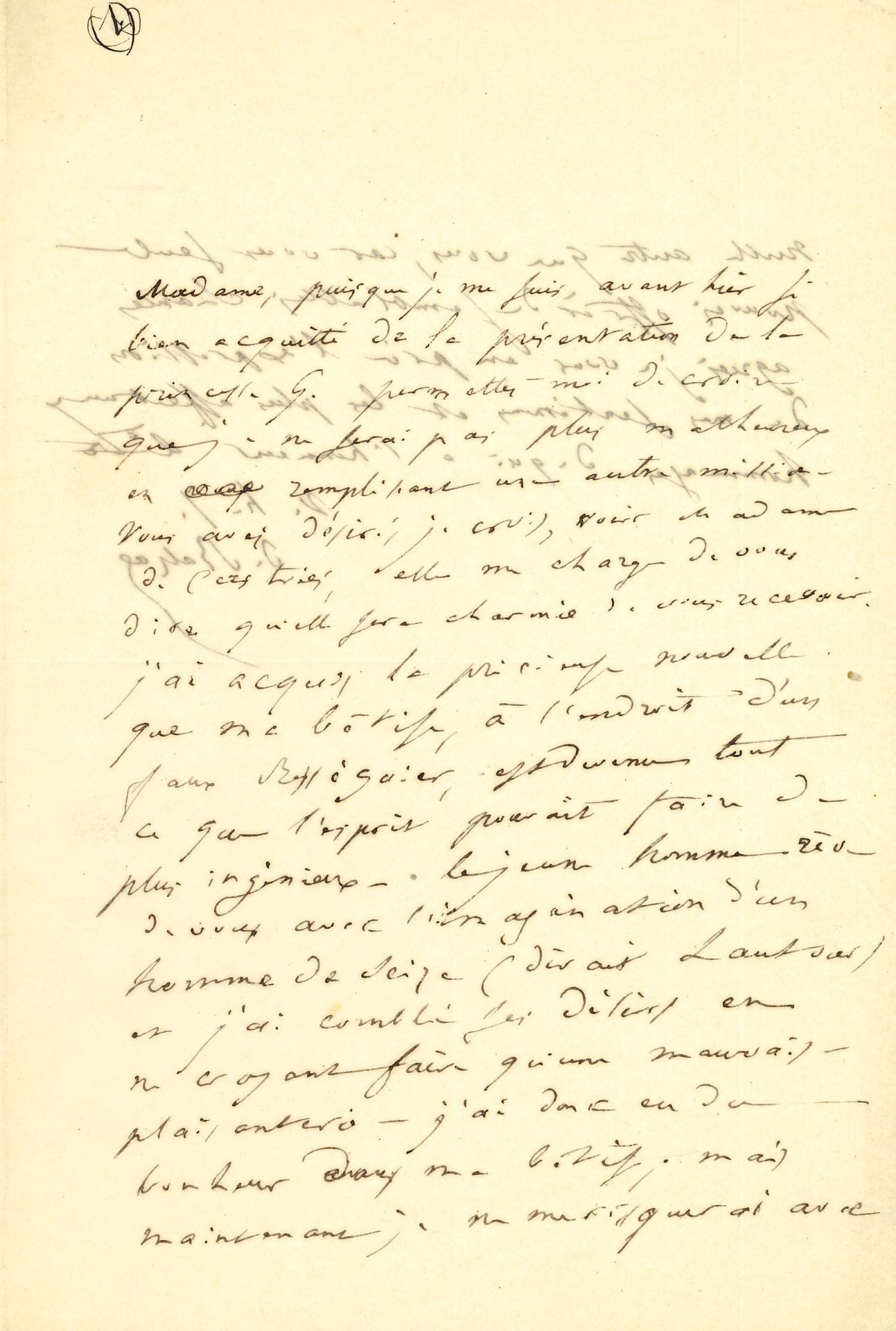 Honoré de BALZAC (1799-1850). L.A.S., [1835, à Delphine de Girardin] ; 1 page et demie in-8.
« Madame, puisque je me suis avant-hier si bien acquitté de la présentation de la princesse G. [Galitzin ?] permettez-moi de croire que je ne serai pas plus malheureux en remplissant une autre mission. Vous avez désiré, je crois, voir Madame de Castries, elle me charge de vous dire qu’elle sera charmée de vous recevoir. J’ai acquis la précieuse nouvelle que ma bêtise, à l’endroit d’un faux Rességuier, est devenue tout ce que l’esprit pouvait faire de plus ingénieux – le jeune homme rêve de vous, avec l’imagination d’un homme de seize (dirait Lautour[-Mézeray]) et j’ai comblé ses désirs en ne croyant faire qu’une mauvaise plaisanterie – j’ai donc eu du bonheur dans ma bêtise ; mais maintenant je ne me risquerai avec nulle autre que vous, car vous seule pouvez offrir de semblables chances »...  Correspondance (Pléiade) I, 35-186.