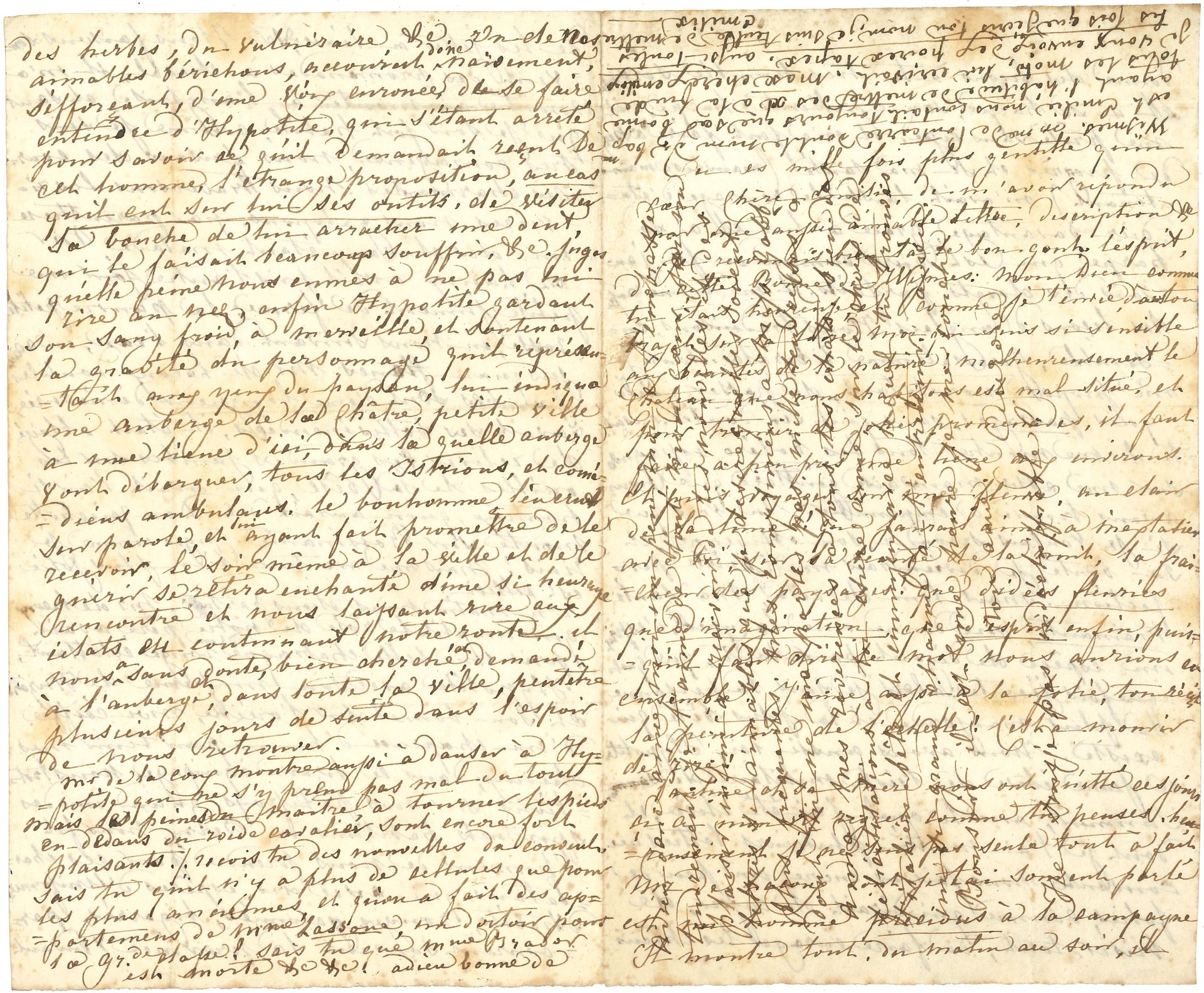 George SAND (1804-1876). L.A.S. « Aurore », [Nohant octobre 1820], à Émilie de Wismes ; 4 pages in-8 (la valeur d’une 5e page écrite en travers sur la 1ère).
Très jolie lettre, une des toutes premières de l’adolescente, à son amie de collège.
[Émilie de Wismes (1804-1862) a connu la jeune Aurore Dupin au couvent des Dames Augustines anglaises ; lorsqu’Aurore quitta le couvent en avril 1820, Émilie devint, pendant quelques années, sa correspondante privilégiée, avec les sœurs Bazouin ; elle épousa en 1823 le vicomte Victor de Cornulier.]
« Tu es mille fois plus gentille qu’un cœur, chère Émilie, de m’avoir répondu par une aussi aimable lettre, description &a [...] Mon Dieu comme tu étais heureuse, et comme je t’envie, dans ton trajet sur la Loire, moi qui suis si sensible aux beautés de la nature ! Malheureusement le château que nous habitons est mal situé, et pour trouver de jolies promenades, il faut faire à peu près une lieue aux environs. Et puis voyager sur un fleuve, au clair de la lune ! que j’aurais aimé à m’extasier avec toi, sur la beauté de la nuit, la fraîcheur des paysages ! Que d’idées fleuries, que d’imagination, que d’esprit enfin, puisqu’il faut dire le mot, nous aurions eu ensemble ! »…
Elle n’est pas tout à fait seule. Le chevalier de Lacoux lui donne des leçons : « Il a sa harpe, son excellente harpe, qu’il me prête sans cesse, il m’a fait faire assez de progrès et si ma santé (mauvaise maintenant) m’avait laissé le courage d’étudier davantage, grâce à lui, et à sa harpe, qui est dure comme du fer, j’aurais des doigts parfaits. Il me donne aussi des leçons d’anglais. Nous traduisons, ensemble, Gerusalemme liberata, dont je me propose, nonobstant, de passer quelques passages, sans qu’il s’en doute. Ensuite il me montre tous les boléro espagnols sur une assez mauvaise guittare »… Mais « ma santé trainante me donne une lazyness d’esprit, une espèce de dégoût pour tout, que quelquefois j’écoute : alors je suis la personne la plus maussade et la plus bête qui existe ».
Il y a aussi Hippolyte [Chatiron, son demi-frère], « jeune élève de l’école militaire de Saumur […] Nous faisons encore un peu de folies, comme qui dirait de casser, de briser tout, de faire enrager les chiens, de les jetter à l’eau, &c. Nous faisons souvent des promenades à cheval, il m’a montré à monter à l’anglaise, et sans que je sois fort habile, comme je suis très courageuse, nous faisons des courses charmantes. Nous traversons les rivières, nous galopons ». Elle raconte une mésaventure survenue à M. de Lacoux : « on aurait dit Don Quichotte monté sur Rossinante ». Une autre fois, un paysan berrichon les prit pour des charlatans et voulut se faire arracher une dent par Hippolyte, qui lui donna rendez-vous dans une auberge de La Châtre : « le bonhomme l’en crut sur parole et lui ayant fait promettre de le recevoir, le soir même à la ville, et de le guérir se retira enchanté d’une si heureuse rencontre et nous laissant rire aux éclats en continuant notre route »… Lacoux donne aussi des leçons de danse à Hippolyte, « mais les peines du maître, à tourner les pieds en dedans du roide cavalier, sont encore fort plaisantes ».
Elle donne pour finir des nouvelles du couvent et de leurs amies… « Adieu donc, aime-moi un peu, moi, je t’embrasse tendrement, je t’aime de tout mon cœur »…
Correspondance, t. I, n° 12.