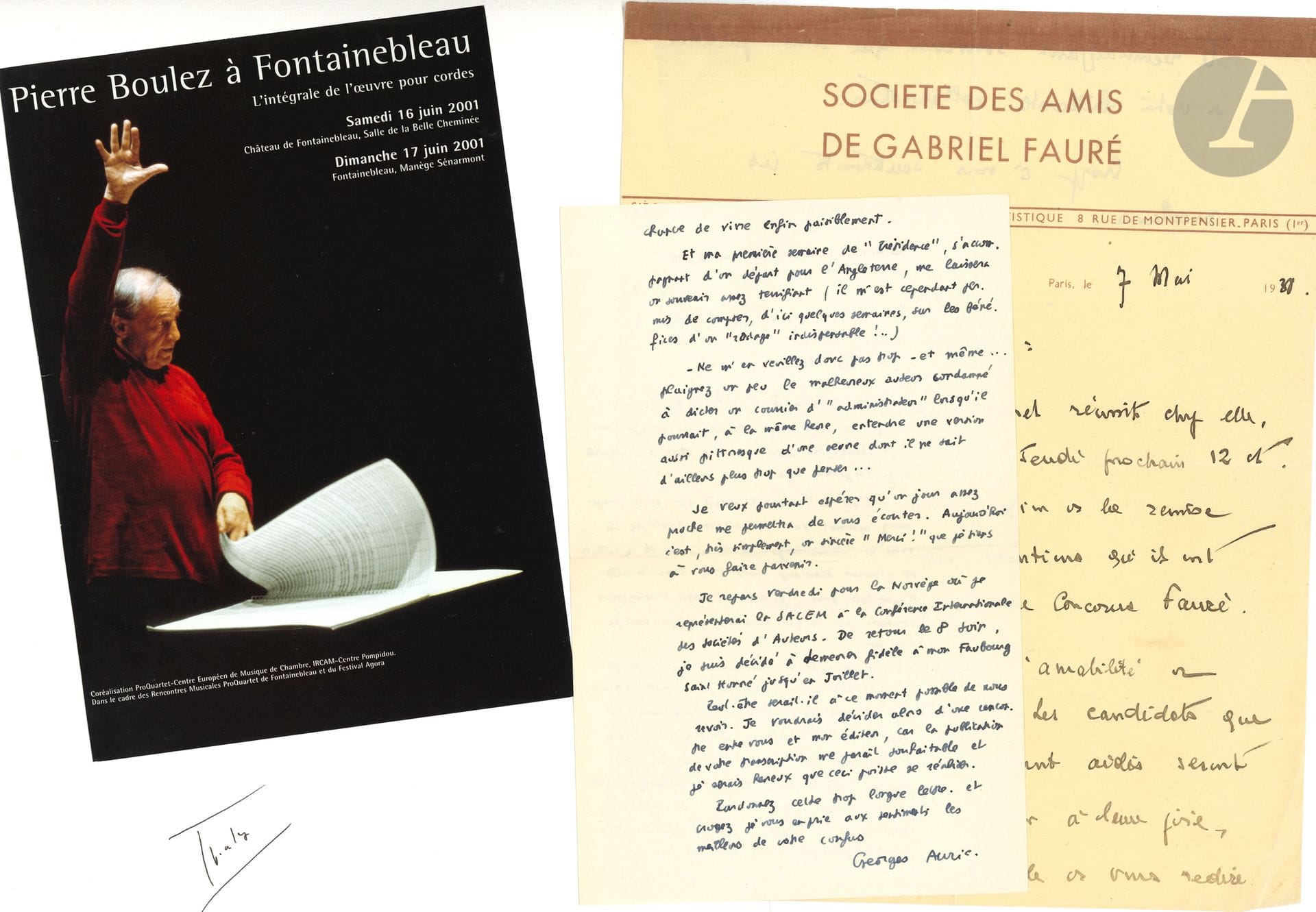 MUSIQUE. 35 lettres ou pièces, la plupart L.A.S.
Georges Auric, Louis Beydts, Pierre Boulez (signature, et portrait original au crayon par André Lebon), Robert Casadesus, Louis Delaquerrière, Henri Duvernoy (partition dédicacée), Benjamin Godard (4), Hervé, Louis Lacombe, Franz Lehár, Victor Massé, Henri Panofka, Manuel Rosenthal (signature), Gaston Salvayre, Paul Scudo, Louis de Serres, Albert Soubies (sur Wagner), Ambroise Thomas (à Marie Weckerlin-Damoreau), Pierre Van Damme (dédicace de son Recueil de mélodies et chansons wallonnes), Louis Varney (3 lettres à Heugel, et projet de traité), Charles-Marie Widor (2 à Mme Marcotte), Willy (lettre à Octave Maus sur Gluck, et réponses de Maus et du constructeur automobile et néanmoins musicologue Louis Mors).