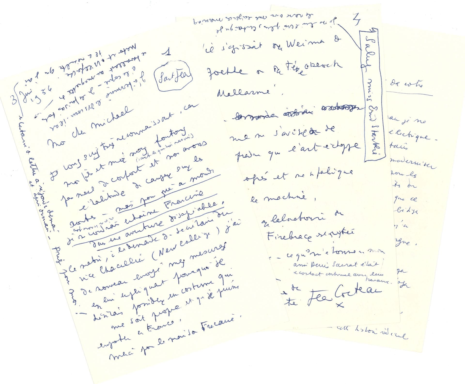 Jean COCTEAU. L.A.S., Saint-Jean-Cap-Ferrat 3 juin 1956, à Michael Smithies à Oxford ; 6 pages in-8, enveloppe.
Sur sa prochaine réception comme docteur honoris causa à l’Université d’Oxford (12 juin), à un jeune ami anglais (1932-2019). Il s’inquiète de questions matérielles, ne voulant surtout pas entraîner Francine Weisweiller « dans une aventure désagréable. Ce matin, à la demande du secrétaire du vice chancelier (New College) j’ai de nouveau envoyé mes mesures en lui expliquant pourquoi je désirais posséder un costume qui me soit propre et que je puisse emporter en France ». Il dînera le 10 chez Lord Beaverbrook, déjeunera le 11 à l’ambassade de France… « J’ai été accablé de demandes pour des besognes (que je refuse) en marge de notre programme. La télévision voulait me faire présenter la Tour de Londres et autres folies qui ne me représentent que de la fatigue sur l’estrade maudite de l’actualité. Je déteste les réunions mondaines et si la garden party n’était pas obligatoire je me serais caché dans ma chambre d’hôtel pour ne pas m’y rendre. La seule chose qui m’importe est de vous voir, d’assister au cérémonial du 12, et de prononcer le discours du 14. Le reste est du domaine de la corvée (sauf les repas avec les amis de mes amis.) Vous savez que je m’efforce de vivre à contre époque […] J’ai terminé le discours. Il est à la copie. Je le faisais tout en travaillant aux maquettes de Menton et Villefranche »... Il s’inquiète de la présence à l’hôtel Randolph d’une prise pour son rasoir : « Depuis mes misères de peau je ne me rase qu’avec le rasoir électrique »...