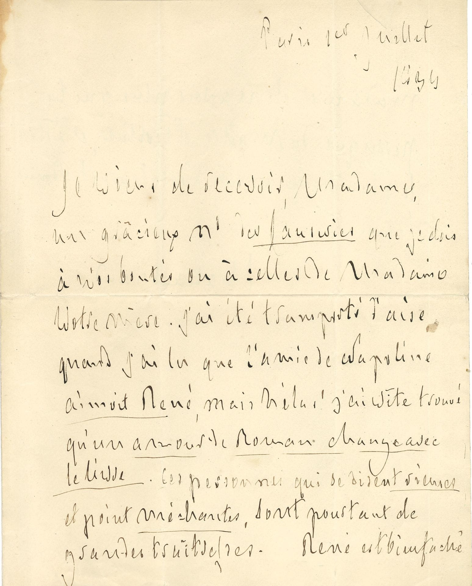 François-René de CHATEAUBRIAND. L.A.S., Paris 1er juillet 1833, à Delphine de Girardin ; 1 page et demie in-4.
« Je viens de recevoir, madame, un gracieux n° des Causeries que je dois à vos bontés ou à celles de Madame votre mère. J’ai été transporté d’aise quand j’ai lu que l’amie de Napoline aimoit René, mais hélas ! j’ai vite trouvé qu’un amour de roman change avec le livre. Ces personnes qui se disent rieuses et point méchantes, sont pourtant de grandes traîtresses. René est bien fâché, madame, de n’avoir plus que la perruque du maître d’écriture, et d’être le plus vieux de vos adorateurs et admirateurs »…