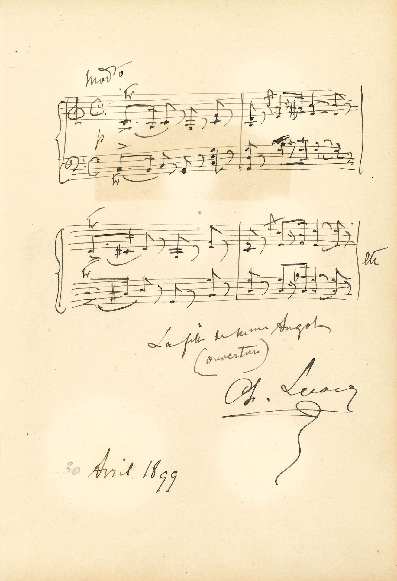 Charles LECOCQ (1832-1918). 2 L.A.S. et 1 P.A.S., 1881-1899 et sans date ; 3 pages in-8 et 1 page petit in-4 (petits défauts).
Paris 27 juin 1881, à une dame. « L’ouvrage que je ferai représenter cet hiver n’est pas intitulé La Petite Fée ainsi que l’ont par erreur annoncé les journaux. Pas une note encore n’en est écrite, et je n’ai encore pris aucun arrangement avec mon éditeur. D’habitude je lui vends la propriété pour l’Espagne et le Portugal où jusqu’à présent je n’ai touché que peu ou point de droits d’auteur »…. – Au sujet de La Mariée de Douarnenez : « Tout bien examiné, je crois qu’il n’y a rien à faire à la Gaîté »… Avril 1899. 4 mesures de « La Fille de Mme Angot (ouverture) ».