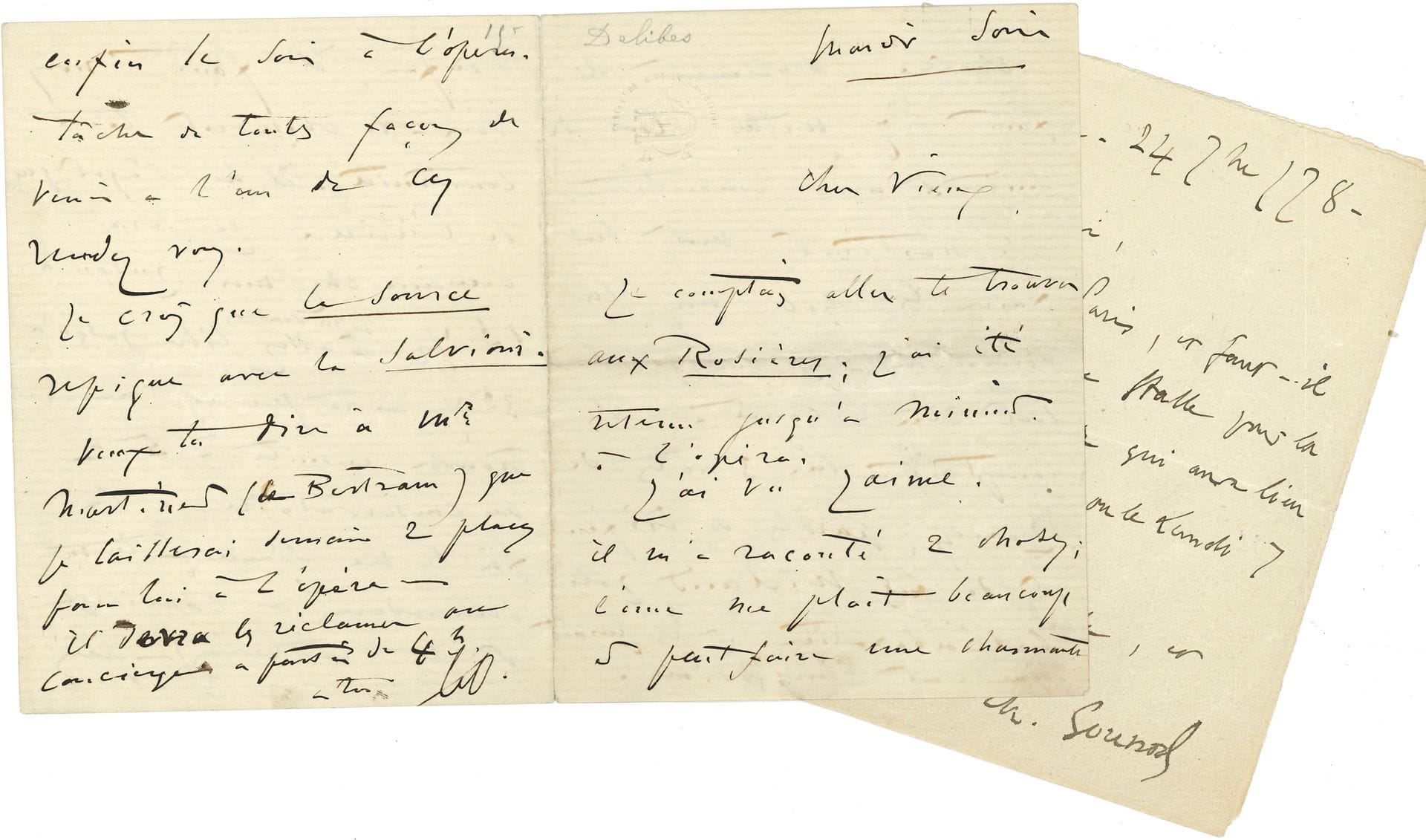Léo DELIBES (1836-1891). L.A.S. « Léo », mardi soir [1866 ?], à un « cher vieux » [Philippe Gille ?] ; 4 pages in-12 à en-tête du Cercle de l’Union artistique.
« Je comptais aller te trouver aux Rosières ; j’ai été retenu jusqu’à minuit, à l’Opéra. J’ai vu Jaime. Il m’a raconté 2 choses ; l’une me plaît beaucoup et peut faire une charmante chose. Seulement il faut s’y mettre tout de suite et avec conviction. Si Martinet veut bien faire les choses nous lui donnerons – je sais qu’il doit être à court – il comptait sur 3 actes de Jonas, paroles de Tréfeu et du fils Millaud (jolie collaboration) et il paraît que c’est impossible. Enfin, il faut nous voir – la chose est toute construite – il ne s’agit que de l’écrire »... Il indique où son ami pourra le trouver le lendemain : chez lui, au Conservatoire, puis à l’Opéra : « Je crois que La Source repique avec la Salvioni »…
On joint une L.A.S. de Charles Gounod, Saint-Cloud 24 septembre 1878 (pour la 1ère de Polyeucte), et une de Reynaldo Hahn à Vizentini.