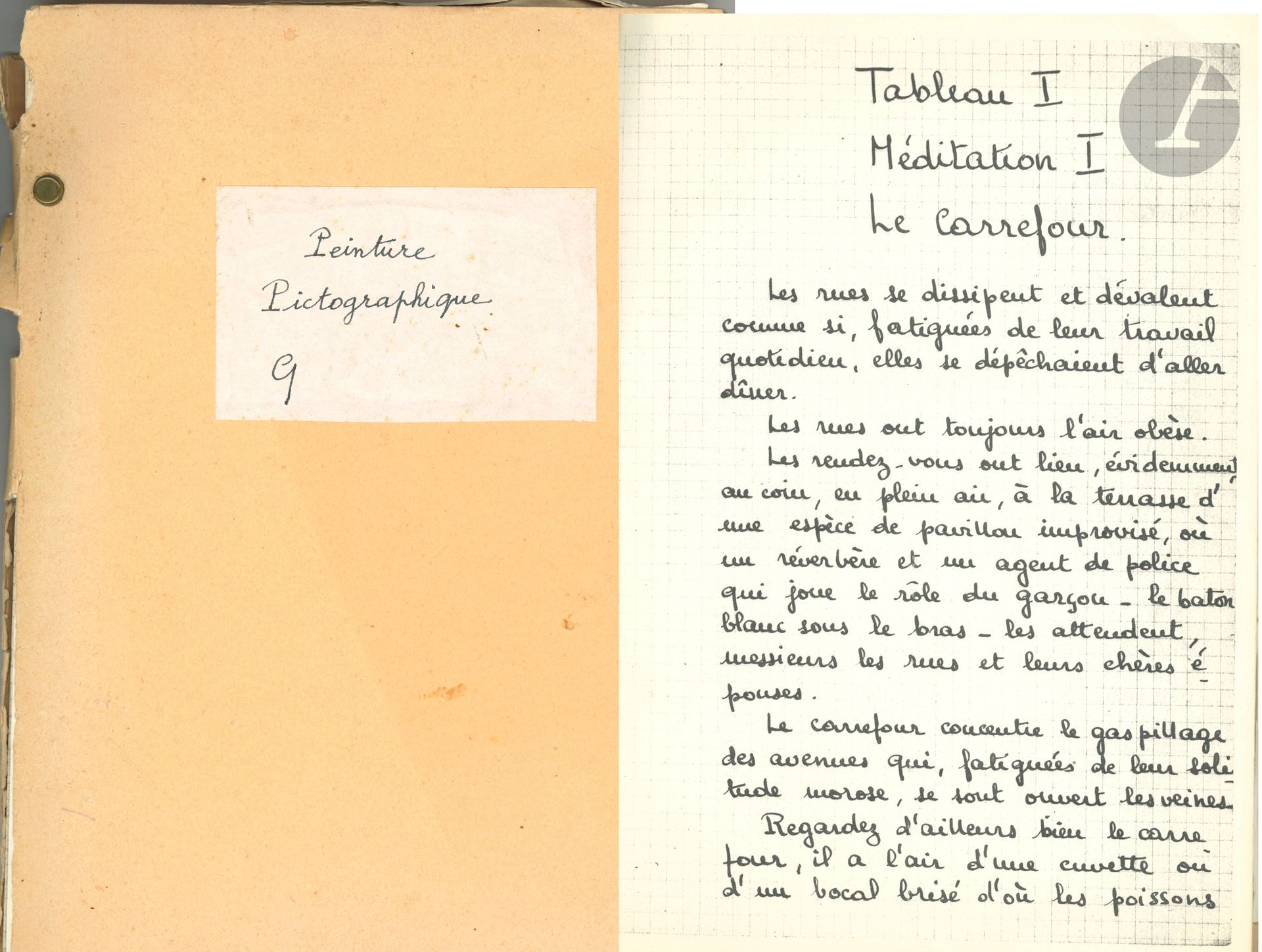Gabriel POMERAND. Photocopie de manuscrit avec titre autographe, Peinture Pictographique, 1951-1952 ; 46 feuillets (certains recto-verso) numérotés au dos, sous chemise beige avec étiquette de titre autographe.
Catalogue commenté par Pomerand de ses peintures : les tableaux sont numérotés de I à XXV, et désignés comme « Méditation », « Note » ou « Aphorisme », parfois avec des titres ; plus un autre tableau I, plus des Aphorismes I bis à XIV (dont un II bis), et deux tableaux sans numéro.