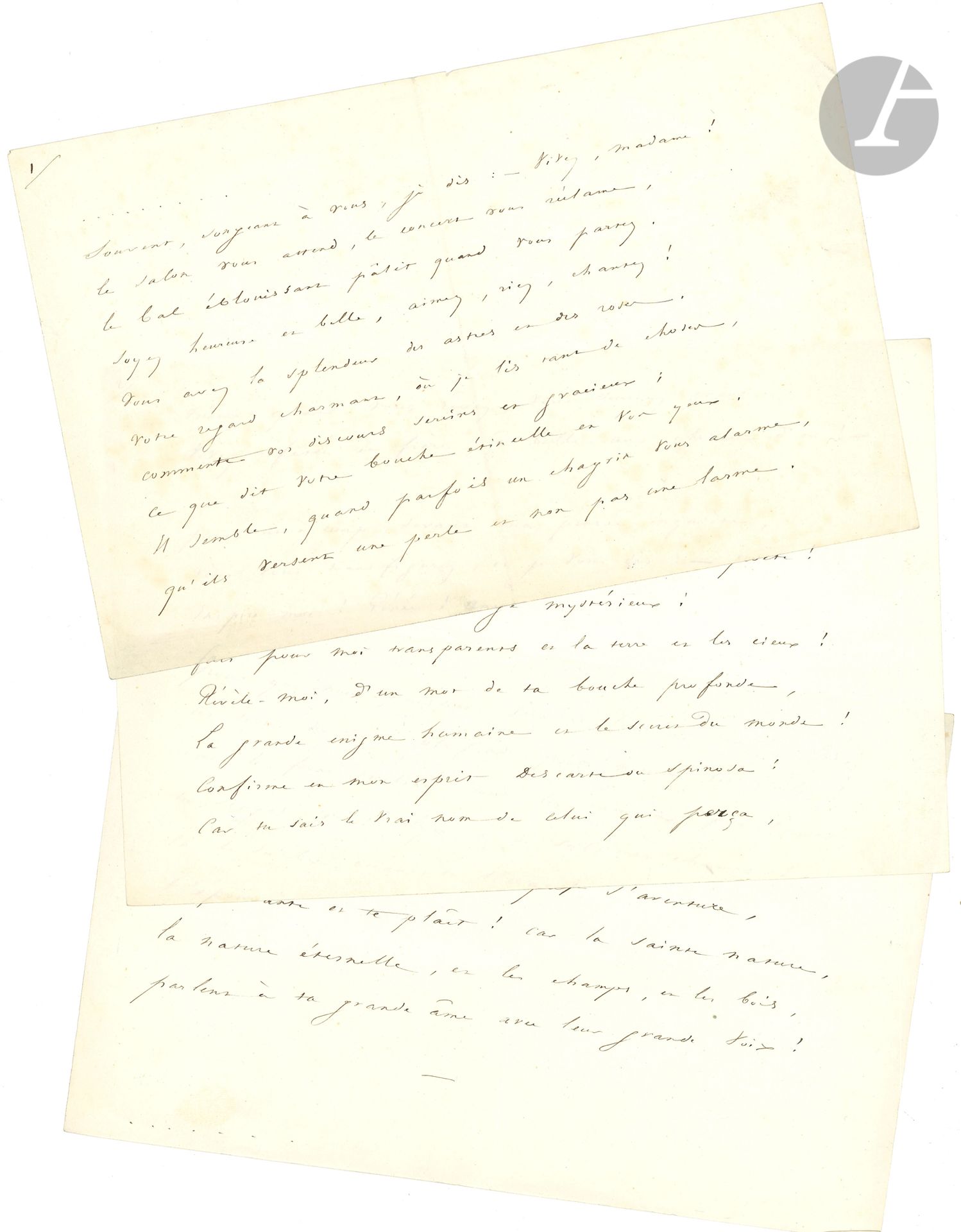 Victor HUGO. Poème autographe, [À Madame D. G. de G., 1840] ; 3 pages oblong in-8.

Beau poème pour Delphine de Girardin, qui sera recueilli dans Les Contemplations [I, x]
Soigneusement mis au net à l’encre brune sur papier vélin fin, le poème, ici sans titre ni date, compte 28 vers. Ce manuscrit présente quelques variantes avec le texte publié, qui portera la double date : « Paris, 1840. – Jersey, 1855 », en mémoire de la poétesse morte le 29 juin 1855.
« Souvent, songeant à vous, je dis : – Vivez, madame !
Le salon vous attend, le succès vous réclame,
Le bal éblouissant pâlit quand vous partez.
Soyez heureuse et belle, aimez, riez, chantez !
Vous avez la splendeur des astres et des roses. […]
Car, le front incliné sous les rameaux penchants,
Tu songes, et ta lyre a de sublimes chants !
Car le sombre océan, où l’esquif s’aventure,
T’épouvante et te plaît ! car la sainte nature,
La nature éternelle, et les champs, et les bois,
Parlent à ta grande âme avec leur grande voix ! »