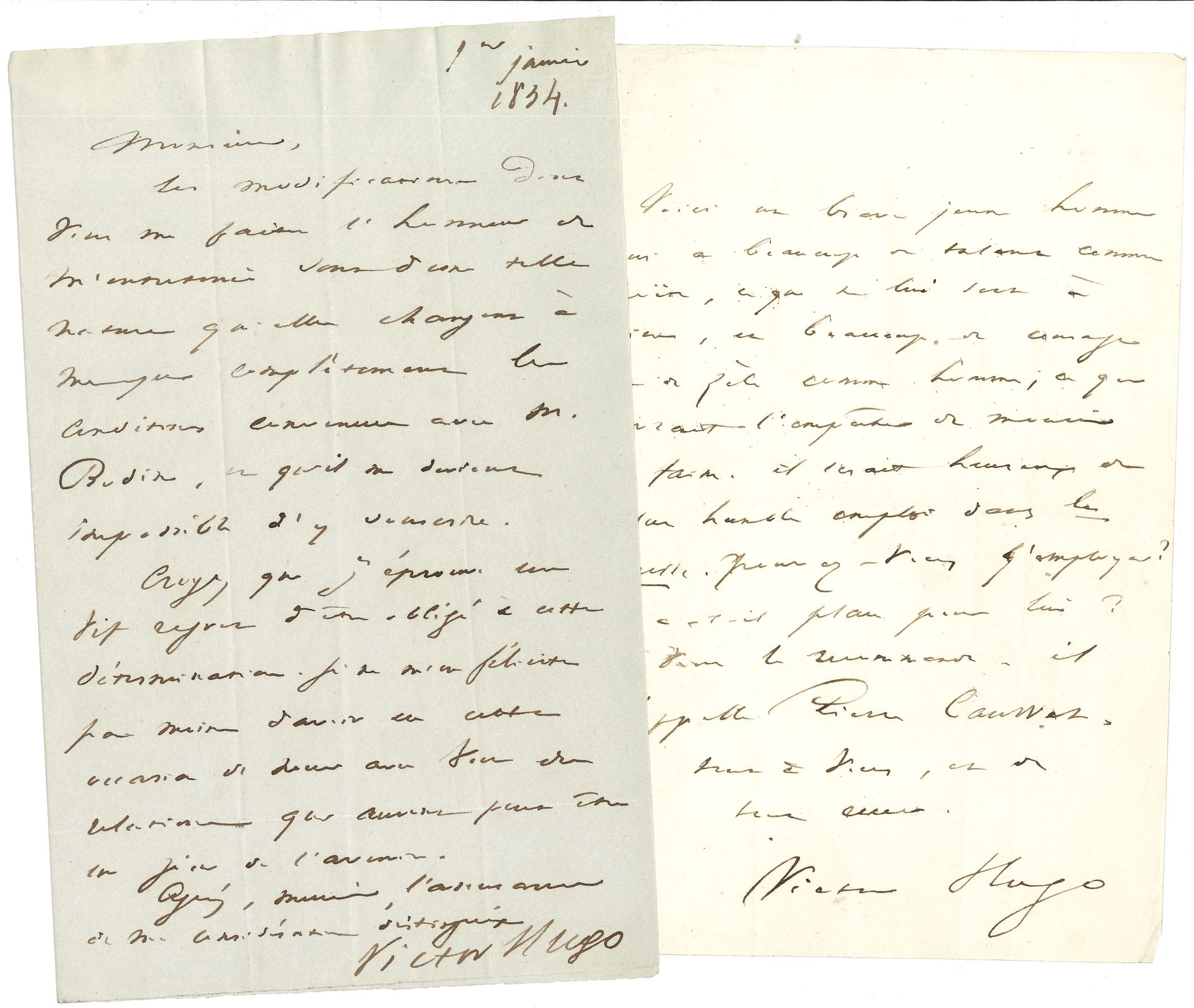 Victor HUGO. 2 L.A.S., 1834 et s.d., à Émile de Girardin ; 1 page in-8 chaque, adresse à la 1ère.
1er janvier 1834. « Les modifications dont vous me faites l’honneur de m’entretenir sont d’une telle nature qu’elles changent à mes yeux complètement les conditions convenues avec M. Bodin, et qu’il me devient impossible d’y souscrire. Croyez que j’éprouve un vif regret d’être obligé à cette détermination. Je ne m’en félicite pas moins d’avoir eu cette occasion de nouer avec vous des relations qui auront peut-être un jour de l’avenir »…
[Vers 1846 ?]
« Voici un brave jeune homme qui a beaucoup de talent comme poëte, ce qui ne lui sert à rien, et beaucoup de courage et de zèle comme homme, ce qui devrait l’empêcher de mourir de faim. Il serait heureux du plus humble emploi dans La Presse. Pouvez-vous l’employer ? Y a-t-il place pour lui ? Je vous le recommande. Il s’appelle Pierre Cauwet »…