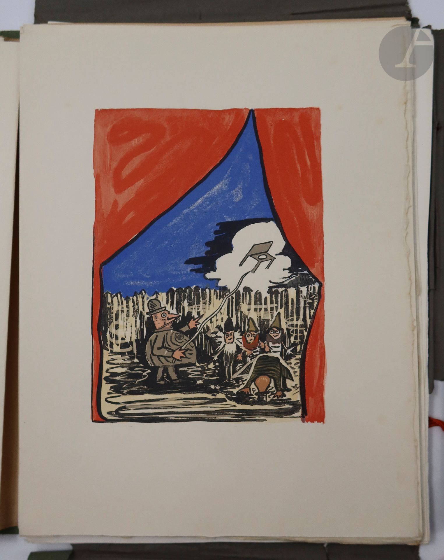 JARRY (Alfred).
Guignol l'autoclète.
S.l. : chez l'artiste, 1948. — In-4, en feuilles, couverture rempliée, sous portefeuille à rabats et lacets de l'éditeur.
Édition tirée à 206 exemplaires, illustrée de 7 gouaches du peintre et lithographe Pierre GUASTALLA (1891-1968), dont 2 à pleine page, gravées sur bois en couleurs par Louis-Joseph Soulas.

Un des 6 premiers exemplaires sur japon ancien, contenant une suite des gravures en couleurs sur chine et une décomposition des couleurs de chacun des bois sur papier vélin.

Portefeuille abîmé, déchiré au dos et à la pliure des rabats. Couverture brunie, rousseurs éparses.