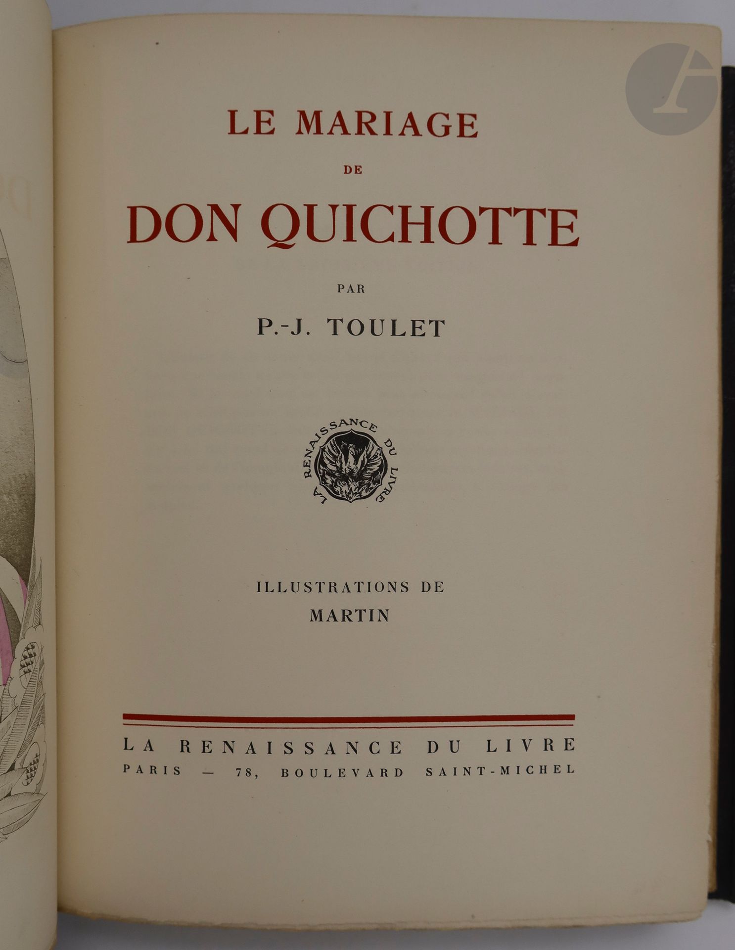 TOULET (Paul-Jean) - MARTIN (Charles).
Le Mariage de Don Quichotte.
Paris : La Renaissance du livre, [1922]. — In-8, maroquin gris, premier plat orné d'un paysage à la manière de Martin avec maison et fleurs à froid et mosaïquées, second plat orné de fleurs à froid et mosaïquées, dos lisse, tête peinte, non rogné, couverture et dos conservés, chemise à dos et bandes à recouvrement de maroquin gris, étui (reliure moderne).
Première édition illustrée, ornée de 18 compositions de Charles MARTIN, dont 9 têtes de chapitre en noir et 9 planches en couleurs dont le frontispice.

Tirage à 775 exemplaires. Un des 750 sur vélin pur fil Lafuma.

Bel exemplaire en reliure moderne non signée, très bien réalisée malgré quelques défauts d'exécution dans la mosaïque.
