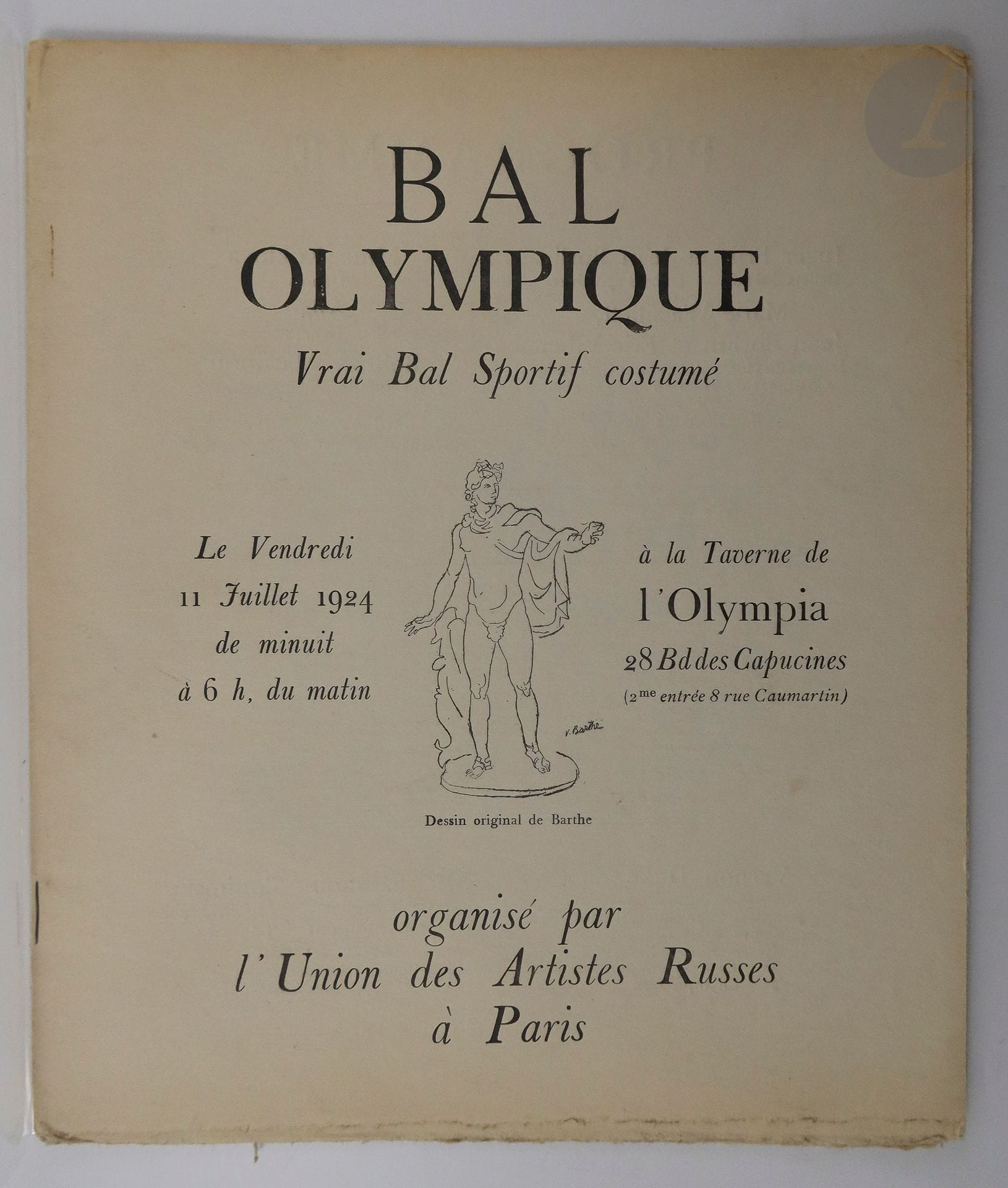 [ARTISTES RUSSES (Union des)].
Bal Olympique. Vrai Bal Sportif costumé.
Paris : Union des Artistes Russes, 1924. — Plaquette in-4, agrafée.
Programme rare imprimé sur papier vélin, publié à l'occasion du bal donné le vendredi 11 juillet 1924 à la Taverne de l'Olympia par l'Union des Artistes Russes à Paris.

Il est illustré de compositions à pleine page de Chazman, Manet (reproduction de son tableau l'Olympia), Picasso, Marie Vassilieff, Serge Fotinsky, et N. Granovsky.

Exemplaire parfaitement conservé.