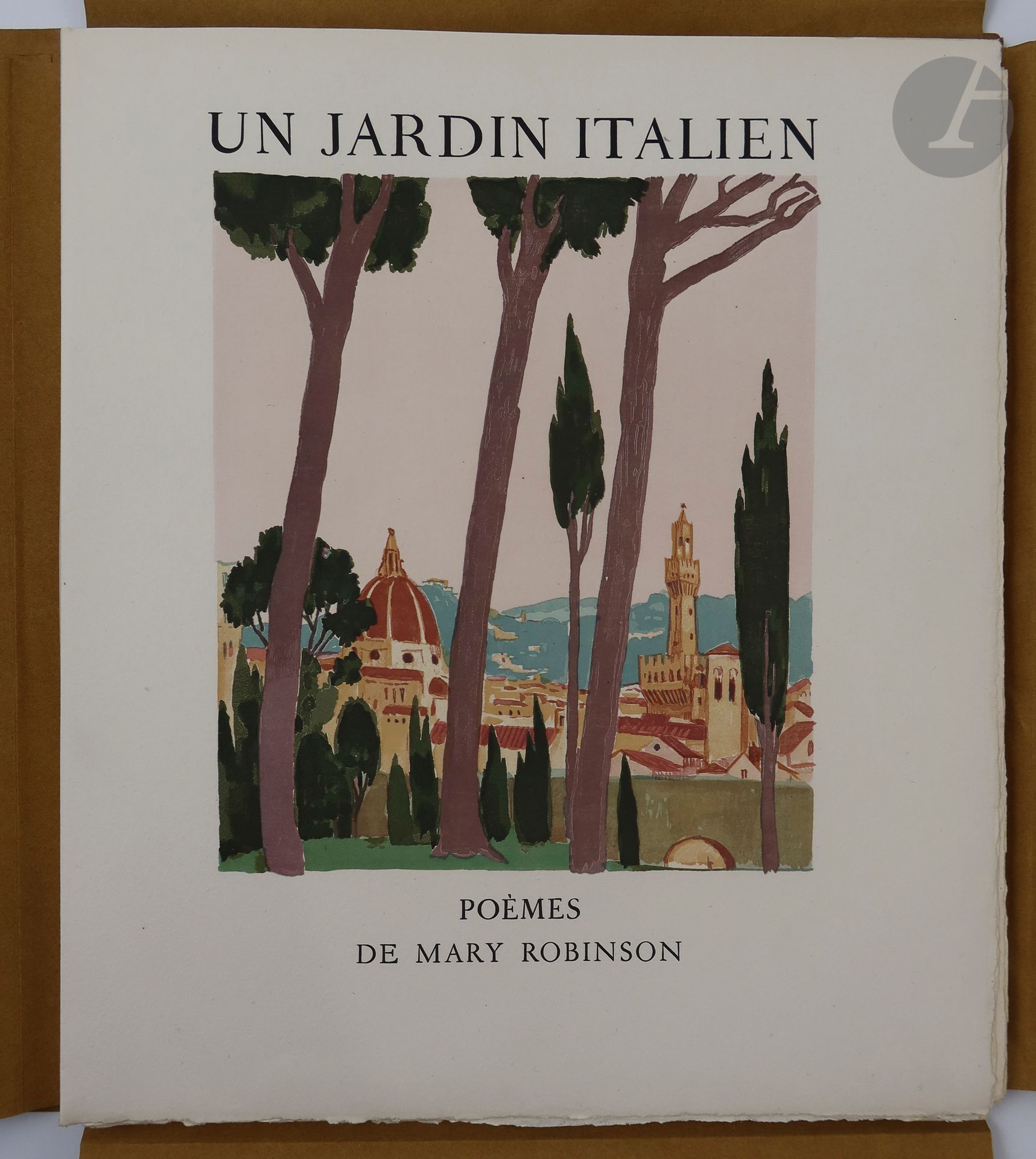 ROBINSON (Mary) - DENIS (Maurice).
Un Jardin italien.
Paris, 1931. — In-4, en feuilles, sous chemise rigide de l'éditeur, à larges rabats et liens de soie. 
Première édition de ce recueil de poèmes, en anglais et français, de Mary Robinson (1857-1944), illustrée de 25 compositions de Maurice DENIS (1870-1943), dont une sur la couverture, 12 dans le texte dont une répétée sur le titre et 11 à pleine page, gravées sur bois par les frères Beltrand.

Tirage unique à 225 exemplaires imprimés sur papier vélin BFK de Rives par l'imprimerie nationale.

Liens de soie usés et en partie manquants.