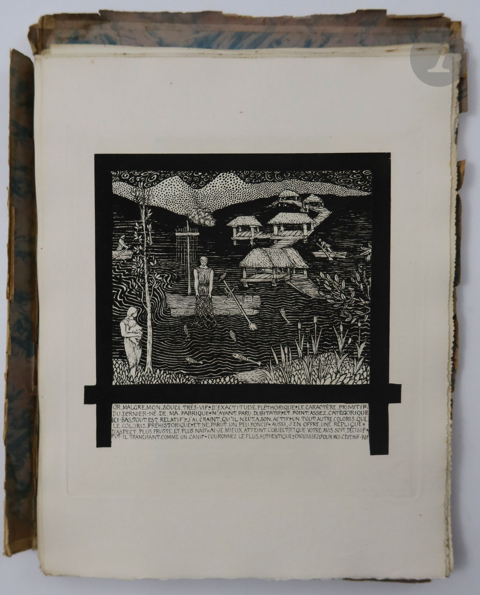 GHIKA (Vladimir).
Les Intermèdes de Talloires. Fantaisies décoratives très puériles présentées sous forme d'album pour l'amusement de quelques grandes personnes non dépourvues de loisirs et pour la satisfaction de quelques amateurs d'images. Avec une préface du maître Albert Besnard.
[Paris, 1923]. — In-8, en feuilles, chemise à rabats de l'éditeur.
Édition originale rare de ce très bel album reproduisant les dessins et le texte composés par Vladimir GHIKA (1873-1954) lorsqu'il se trouvait à Talloires, village de la rive droite du lac d'Annecy. Les compositions ont été gravées sur cuivre par Victor Jacquemin ; elles comptent 42 planches et deux vignettes dans le texte.

Ghika était le petit fils du dernier souverain de Moldavie. De culture française et d'origine orthodoxe, il se convertit au catholicisme et devint prêtre en 1923. Il mourut en prison en Roumanie.

Tirage à 255 exemplaires signés par l'artiste à la justification ; celui-ci est l'un des 243 sur vergé d'Arches.

Chemise en très mauvais état, plats et rabats défaits, sans les liens. Premier et dernier feuillets brunis.