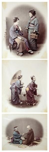Felice Beato (1833-1907)
Japon, c. 1865. Jeune femme à la pipe (Young lady, with pipe). Geishas. Jeune femme dans une chaise à porteurs. Deux samouraïs. Docteur japonais et son patient (Japanese doctor and patient). Bouddha en bronze. Temples à Nikko. Sept épreuves sur papier albuminé, dont quatre rehaussées à l'aquarelle, contrecollées sur feuillets. Formats : de 20,5 x 25,5 à 29,3 x 23,5 cm. 