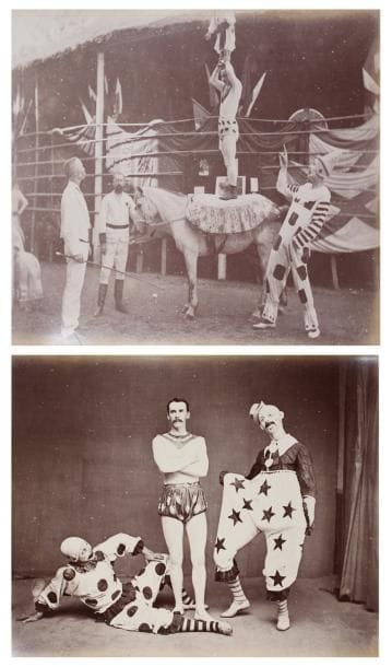 Shanghai Race Club Amateur Circus, c. 1870
Album oblong, titrée sur étiquette sur le premier plat (reliure usée), contenant 32 épreuves sur papier albuminé, contrecollées sur cartons montés sur onglets. Formats : de 9,5 x 13,5 à 21 x 27 cm. 