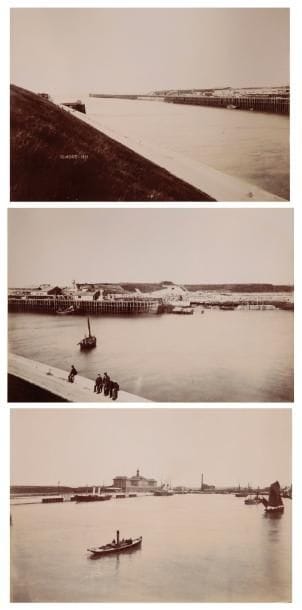 Port de Calais. 1891-1893
Album des travaux. Achèvement des quais du nouvel Avant-Port. Travaux exécutés à l'air comprimé. Album in-folio oblong, reliure en percaline rouge, titre en lettres dorées sur le dos et le premier plat (moisissures), contenant 66 épreuves au citrate d'époque (dont trois panoramas), datées pour la plupart dans l'image et deux plans. Légendes manuscrites et dates sur les supports. Formats : de 8 x 11 à 26,5 x 38 cm. On joint un cahier "Le Port de Calais 1875-1889". 