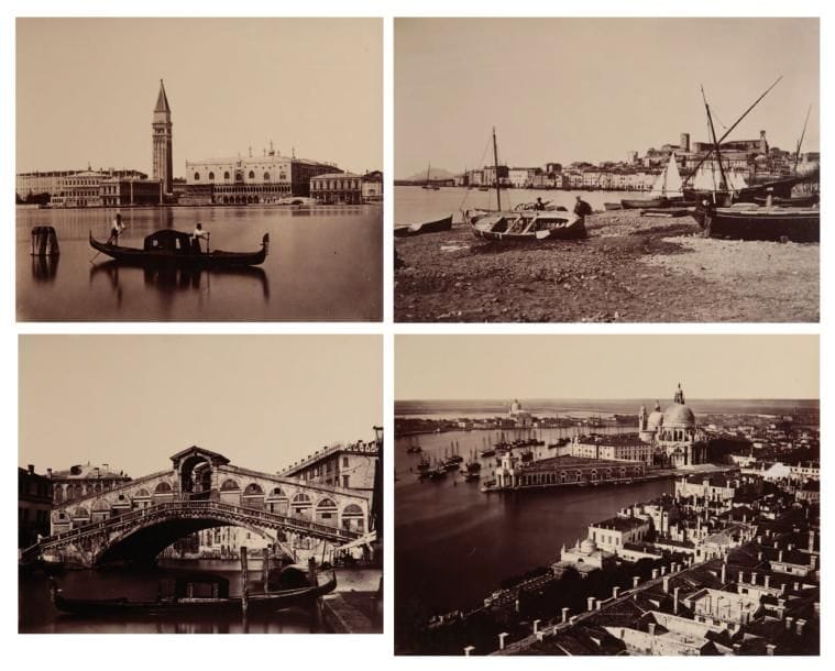 France & Italie, 1879. Marseille. Villefranche. Cannes. Iles Sainte Marguerite. Nice. Eze. Monaco. Gênes. Pise. Pavie. Florence. Italie, 1879. Villa-Pallavicini. Venise (Rialto. Place Saint Marc. Canaux. Palais. Panorama. Ponts. Eglises). Milan. Turin. Cannes. Pise. Deux albums in-folio oblongs, reliures en demi-maroquin rouge à coins, titres en lettres dorées sur les premiers plats, contenant 63 et 47 épreuves sur papier albuminé et deux listes de légendes. Formats : de 9,5 x 15 à 37,5 x 28 cm. 