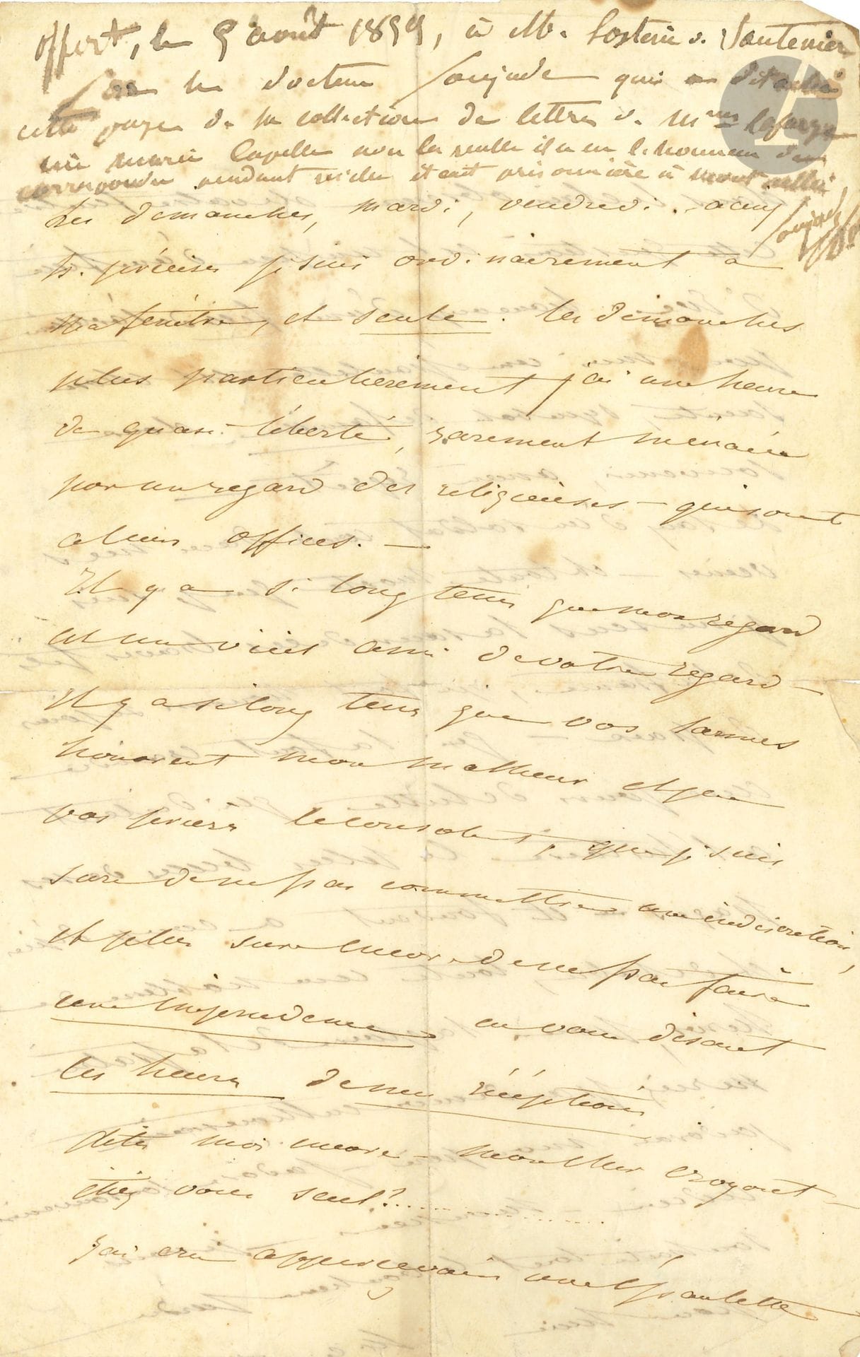 Marie Cappelle, Madame LAFARGE (1816-1852) elle empoisonna son mari ; son procès eut un grand retentissement. L.A.S. « M.C. », [Montpellier vers 1850 ?, au Dr Poujade] ; 2 pages in-8 (pliures et légères taches).
Lettre de prison. « Les dimanches, mardi, vendredi, à cinq h. précises je suis ordinairement à ma fenêtre, et seule. Les dimanches plus particulièrement j’ai une heure de quasi-liberté, rarement menacée par un regard des religieuses qui sont à leurs offices. – Il y a si longtems que mon regard est un vieil ami de votre regard – il y a si long tems que vos larmes honorent mon malheur et que vos prières le consolent, que je suis sûre de ne pas commettre une indiscrétion »… Elle a aperçu une épaulette dans la fenêtre de Poujade : « Le sang d’un soldat coule dans mes veines – et toute morte que je suis je me sens la sœur de ces braves fils de la France, qui font honorer ses jours de paix – qui la font craindre aux jours de lutte, qui dictent à l’histoire les plus belles de ses pages – et fondent à coup d’épée et de sabre, toute une noblesse de héros, pour la gloire de la patrie. Ne riez pas de mon enthousiasme j’adorais mon père – j’adore son souvenir »… En tête de la lettre, note d’envoi du Dr Poujade à M. Hostein.