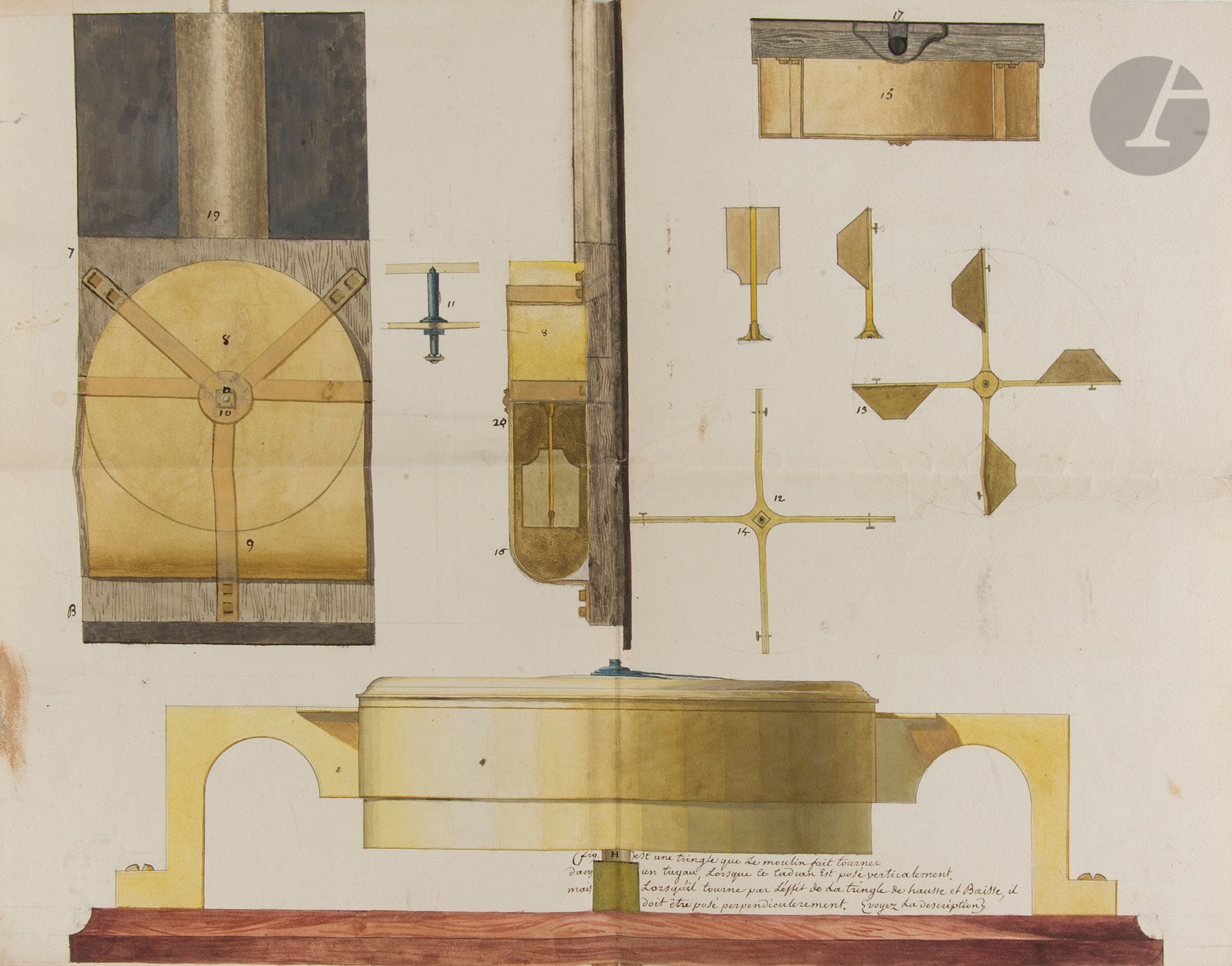 LOCOMOTION. Joseph boze (1745-1826) peintre et pastelliste. 3 planches de dessins aquarellés, et 2 pièces à lui relatives dont une signée par le baron Jean-Baptiste-Joseph Fourier, secrétaire perpétuel pour les sciences mathématiques à l’Académie des Sciences, [1823] ; 3 planches de 36 x 47 cm, et 5 pages et demie in-fol. 
3 planches de dessins à la plume aquarellés, représentant des détails d’un ou deux appareils : un « Cadran qui sert a mesurer la vitesse d’un vaisseau » ; un étambot et son gouvernail ; « une tringle que le moulin fait tourner dans un tuyau, lorsque le cadran est posé verticalement »… – Rapport sur une « Invention de Mr Boze, pour dételer à volonté les chevaux d’une voiture, alors qu’ils sont lancés » : résumé des expériences faites en 1780 « sur les voitures de Louis XVI en présence de Mr le Duc de Coigny, premier écuyer du Roi qui […] manifesta hautement l’intention d’adapter cette invention aux voitures de S.M. » ; depuis lors, l’auteur a encore perfectionné le mécanisme… – Extrait du procès-verbal de la séance du 24 novembre 1823 de la section des sciences mathématiques de l’Académie des sciences, relevant des modifications de cet appareil de sécurité routière qui dès aujourd’hui, « nous paroît digne de l’approbation de l’académie »…