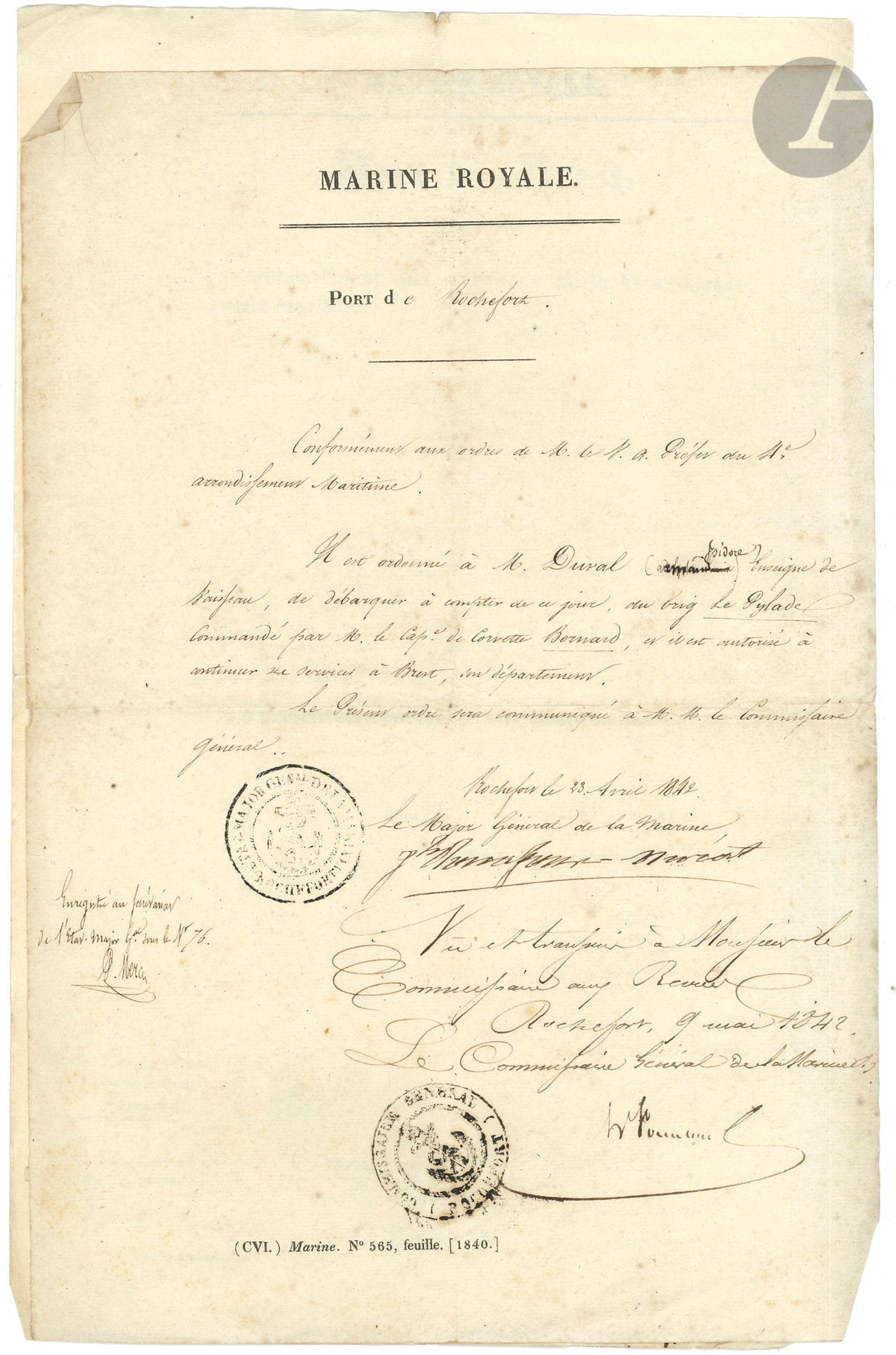 MARINE. 5 L.A.S. ou L.S. d’officiers de marine et ministres.
Théodore Ducos, Guy-Victor Duperré, Marie-Jules Dupré (2), Pharamond de Saint-Légier de Boisrond (à Gaspard Monge).
On joint 21 ordres d’embarquement ou de débarquement ou avis de promotions diverses adressés à Armand-Isidore Duval, né le 24 février 1819 à Brest et décédé en mer, à bord de La Saône, au large du Mexique, le 30 juin 1864. Ces documents, établis entre le 23 avril 1842 et le 17 janvier 1864, sont signés par des ministres de la marine, des amiraux, contre-amiraux ou vice-amiraux (Frédéric Regnault de La Susse, Antoine Louis de Gourdon, Guillaume Larrieu, A.-E.-L. Laffon de Ladebat, Prosper de Chasseloup-Laubat, Camille Clément de La Roncière-Le Noury, etc.). Plus divers documents joints.