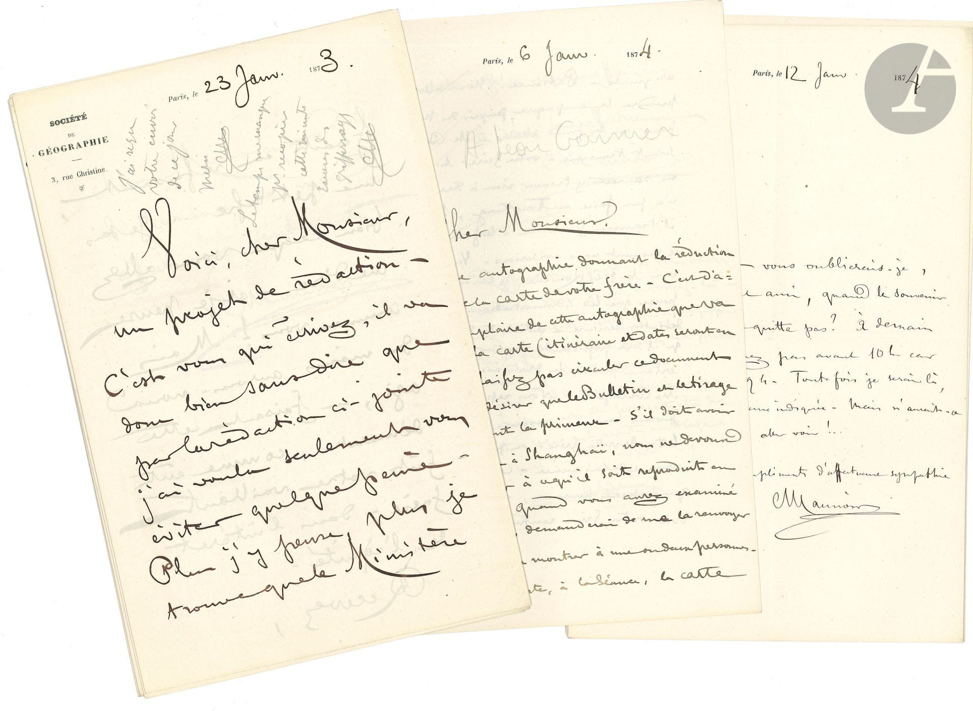 Charles MAUNOIR (1830-1901) géographe. 55 L.A.S., Paris 1873-1898, à Léon Garnier ; 130 pages in-8 ou in-12, nombreux en-têtes de la Société de Géographie.
Belle correspondance évoquant Francis Garnier, le célèbre explorateur de l’Indochine.
Ancien militaire devenu géographe, Charles Maunoir publia de nombreux articles et mémoires dans des revues savantes telles que L’Année géographique et le Bulletin de la Société de Géographie. De 1867 à 1896, il fut secrétaire général de la Société de Géographie. Son correspondant, Léon Garnier (1836-1901), était le frère du célèbre explorateur Francis Garnier (1839-1873), connu pour son important voyage effectué à travers l’Indochine et la Chine méridionale de 1866 à 1868. 
La correspondance est relative à Francis Garnier, à ses proches et à diverses publications relatives à son expédition : parution de la relation imprimée du voyage (1873) ; lecture d’un compte-rendu à la Société de Géographie ; mise à disposition d’une somme de 3000 F pour Francis Garnier ; demande du directeur de la Revue des Deux Mondes de s’entretenir avec Léon Garnier ; gravure d’une carte montrant l’itinéraire de F. Garnier (1874) ; pension destinée à sa veuve ; projet d’un portrait de F. Garnier qui doit être présenté à la Société de Géographie ; réalisation d’un buste de l’explorateur par Topffer ; protestation auprès de la Société d’Ethnographie (1875) ; remise d’une lettre par Dutreuil de Rhins (1879) ; recherche d’une pierre lithographique chez le graveur Erhard contenant l’itinéraire de F. Garnier (1882) ; publication des lettres de Doudart de Lagrée par Arthur de Villemereuil (1885) ; recommandations en faveur du sergent Imbert, ancien compagnon d’armes de F. Garnier, pour la médaille militaire et la médaille du Tonkin (1889-1891), etc.
« J’ai mon exemplaire de l’Indo-Chine !... C’est une œuvre superbe – et qui m’aurait remis au cœur le souvenir de votre frère, s’il en eut été besoin. L’affaire des expéditions à faire par la Société de Géographie est réglée. Mais j’ai vu avec regret que le nom de M. Garrez avait disparu de la liste des personnes auxquelles est donné l’ouvrage... M. Garrez est l’un des hommes qui ont aidé votre frère pour les questions d’histoire de l’Inde. Comment faire pour remettre les choses dans les conditions qui étaient [...] conformes aux vœux de votre frère ? » (7 janvier 1873). « A notre prochaine séance, 7 mars, M. Vivien de St Martin lira le compte-rendu sur la relation du voyage d’exploration en Indo-Chine. Je dirai qu’on vous envoie une convocation. Mais tenez-vous, dès maintenant, pour prévenu. [...]. J’allais oublier de vous dire que j’ai reçu, de votre frère, une lettre affectueuse à laquelle je vais répondre de mon mieux » (22 février). « Voici une autographie donnant la réduction à moitié de la carte de votre frère. C’est d’après un exemplaire de cette autographie que va être gravée la carte (itinéraire et dates seront en rouge). Ne laissez pas circuler ce document car il est à désirer que le Bulletin et le tirage à part en aient la primeur [...] Nous allons entreprendre la campagne auprès du ministère pour que les fonds alloués à M. Delaporte soient transmis à votre frère. M. Delaporte ne saurait y trouver rien à dire et ce qu’il n’a pu faire au Tong King, faute de santé, il trouvera peut-être à le faire ailleurs » (6 janvier 1874)... « Si la mort de votre pauvre frère est survenue en service commandé, votre belle-sœur a droit à une pension de 1060 F. Au cas contraire la pension ne serait que de la moitié, soit 530 F. Je ne pense pas qu’il puisse y avoir le moindre doute sur la situation » (14 janvier). « Le président de la Sté de Géographie a pris bonne note du vœu que je lui ai exprimé pour le retour de votre belle-sœur de Shang-Haï [...] La Société est un milieu qui accueillera toujours avec la sympathie la plus profonde tout ce qui pourra se rapporter à votre frère, et sur lequel vous pouvez, je crois, compter en cas de besoin » (19 janvier)... « Cette lettre vous sera remise par M Dutreuil de Rhins, dont le nom vous est sans doute connu et qui s’occupe beaucoup de l’Indo-Chine. Il est des défenseurs de votre frère et désirerait causer avec vous de sujets qui vous intéressent. M. de Rhins est un homme sûr et droit –ce que vous lui direz sous réserve, il n’aura garde d’en faire usage, surtout un mauvais usage » (8 octobre 1879)… « Je ne puis malgré toutes mes recherches mettre la main sur la pierre de l’Itinéraire de Mr Garnier. Si cependant on peut encore patienter quelques jours, il me sera peut-être possible de la retrouver » (Erhard à Maunoir, 24 mars 1882, transmise à L. Garnier) ; sur le même feuillet : « La pierre philosophale n’est pas plus difficile à trouver que cette pierre lithographique. Pouvez-vous attendre encore un peu ?... Pourriez-vous me rendre les nos de l’Explorateur sur lesquels vous m’aviez mis des observations à l’encre rouge en face des paragraphes d’un article de M. de Villemereuil ? » (25 mars 1882)… On joint 4 l