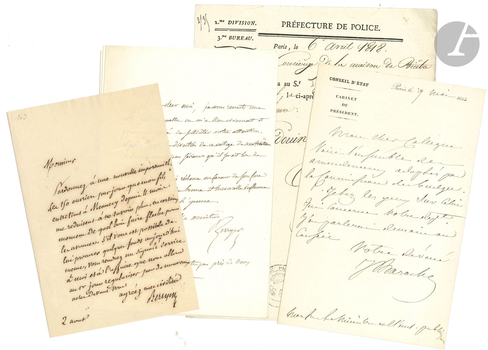 HISTOIRE, POLITIQUE et DROIT. Plus de 200 lettres, cartes ou pièces, la plupart L.A.S ou P.S.
Jules Anglès, Paul-Joseph Ardant (3), Ernest et Jules Baroche, Joseph de Baye, P.-A. Berryer (4), Paul Bert, Philippe Berthelot, gal J.B. Billot, duc de Blacas, Louis-Ferdinand Bonnet, Henri Brisson (5), Albert et Victor de Broglie, A. de Brossard, François-Certain Canrobert, baron Capelle, J.B. de Champagny, Emmanuel Chaumié, Alfred Cuvillier-Fleury, Auguste Damrémont, Danselme de la Gardette, Jean Debry, Théophile Delcassé, Émile et Paul Deschanel, Jean Doulcet, Paul Doumer, André Dupin, J.B. Duvergier, comte d’Expilly, Louis Fauche-Borel, Jules Favre (5), Charles de Flahault, Fitz-James, Jules Flandrin, Charles Floquet, Gaston de Galliffet, Agénor de Gasparin, Maurice Guillaume, marquis de Hautefort, Alphonse d’Hautpoul, Henri-Robert (4), Édouard Herriot, Clovis Hugues, Théodore Huguet, comte Jaubert, Joly de Fleury, Henri de Lacroix, Jacques Laffitte, Ducos de Lahitte, Lafont de Cujula, J.D. Lanjuinais, Laplagne-Barris, Charles-Edouard Lardy, La Rochefoucauld-Bisaccia, baron de La Roncière le Noury, André Lebon, Yves Le Febvre, Lemoyne-Vernon, Édouard Lockroy, Louvois, Louis Lucipia, Hubert Lyautey, Thomas Graham (baron Lynedoch), Jean Macé (5 + plaquette dédicacée), duc de Mailly (3 au duc de Nivernois), Nicolas-Joseph Maison, Mariette, Maurepas, Henry Mauran, Pierre Mendès-France (4), François Miollis, Jean-François Mocquard, Arthur Pavlovitch de Mohrenheim, Mathieu Molé (4 à Louis Visconti), Gaston Monnerville (et 2 menus signés), Joseph de Puniet de Monfort (2), duc de Montpezat (2 au duc de Nivernois), Montalivet, Mortier duc de Trévise, Alexis de Noailles, Émile Ollivier, Henri de Fulque d’Oraison, Lev Ouroussoff, Pelet de la Lozère, Aimable Pélissier duc de Malakoff, Anselme Petetin, Raymond Poincaré (5), Jean de Pontevès de Sabran, Joseph Pourcet, Arthur Ranc, Jacques-Louis Randon, Joseph et Théodore Reinach, Paul Reynaud, Alexandre Ribot, comte de Barbazan-Rochechouart, Roquefeuil, Royer-Collard, Narcisse de Salvandy, Scheurer-Kestner, Armand Seguin, comte de Ségur, Jules Simon (7), Justin Soleille, Auguste de Staël-Holstein, François-Frédéric Steenackers, de Suffren (1824), J.B. Teste, Adolphe Thiers, Jean-Simon et Pierre-Urbain Thomas, Giuseppe Tornielli, Louis Gaspard Tridoulat, Nicolas Tripier, J.B. Vaillant (2), Charles Letellier-Valazé, Georges de Villebois-Mareuil (7), Waldeck-Rousseau, colonel Westée, Maxime Weygand, etc. Plus des portraits, factures, etc.