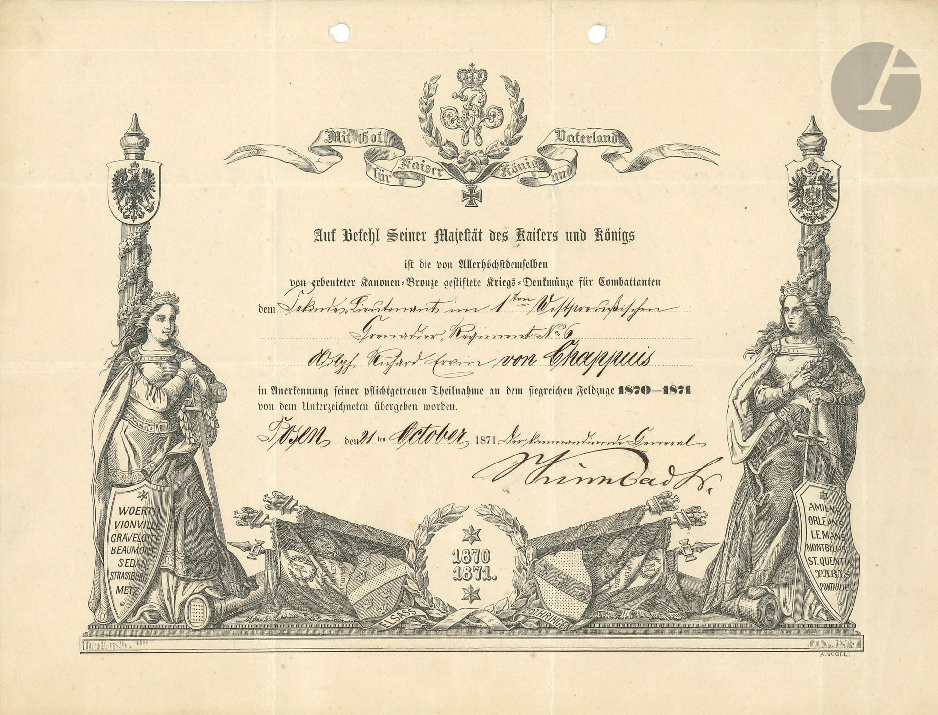 GUERRE DE 1870. Brevet, Posen 21 octobre 1871 ; 1 page oblong in-4 en partie impr. avec décor gravé d’A. Vogel (2 petits trous d’archivage) ; en allemand.
Diplôme d’une médaille commémorative de bronze 1870-1871 pour l’officier Chappuis du 6e Régiment de Grenadiers prussiens. Le décor représente deux déesses guerrières, sur les boucliers desquelles sont inscrites les batailles remportées.