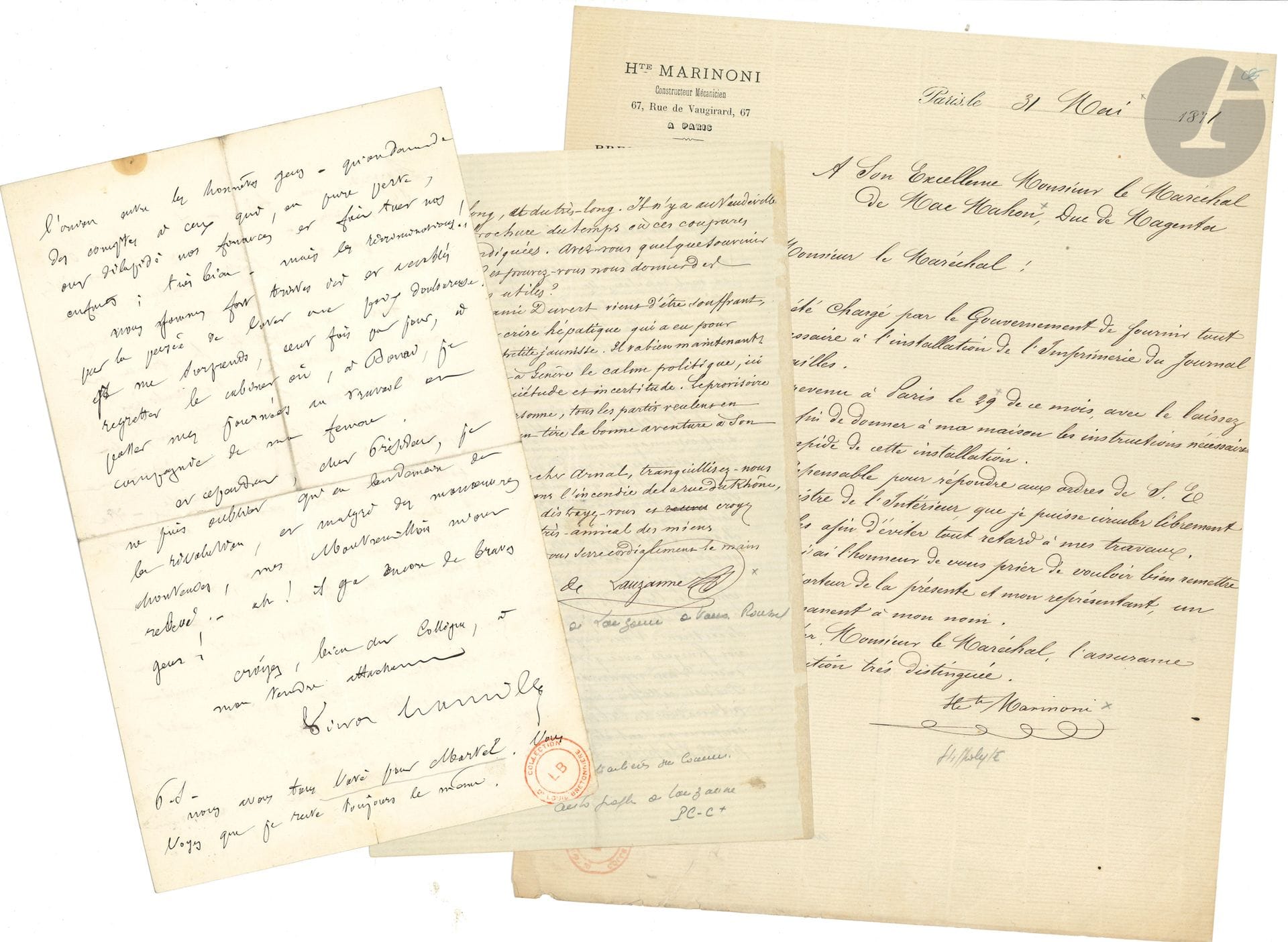 COMMUNE. 7 lettres ou pièces, la plupart L.A.S., sur la Guerre de 1870 et la Commune.
M. duchesse de Gouy (Villiers par Charly, 4 avril 1871, au général Princeteau, sur « les horribles événements de Paris ») ; Victor Hamille (Bordeaux 24 février 1871 : « jamais je ne transigerai avec la Vérité. Ceux qui m’ont reproché mes attaches bonapartistes avaient courtisé les Bonaparte et leur avaient prêté serment. Il y a entr’eux et moi cette différence : c’est que j’ai tout sacrifié pour rester digne de mon passé et que je n’ai pas jetté l’injure sur des exilés »...) ; Augustin de Lauzanne (16 novembre 1871, à l’acteur Arnal réfugié en Suisse, évoquant les « manifestations des communards à Genève qui vous inspiraient ici tant d’aversion que vous avez fui Paris pour les éviter ») ; Hippolyte Marinoni (31 mai 1871, l.s. au maréchal de Mac-Mahon) ; Eugène de Mirecourt (2 juin 187, déclarant les armes qu’il possède) ; Pauline Le Ray (Saint-Denis 13 mars 1871, sur l’occupation par les Prussiens de la Maison impériale de la Légion d’honneur, la fin manque) ; Olivier Le Gonidec de Traissan (Légion des Volontaires de l’Ouest, Fougères 4 mars 1871, permission au caporal de Lorgeril) ; Pauline de Witt (26 mars 1872, en faveur d’un communard).
On joint un billet a.s. par Louis Noir ; et 2 estampes par Pilotell et André Gill.