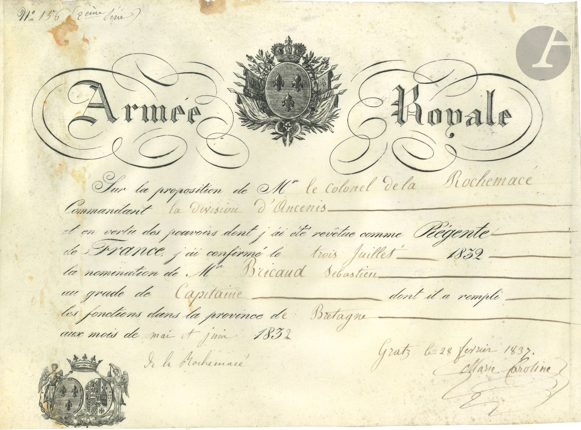 BREVETS ET DIPLÔMES. 7 P.S., dont 6 sur vélin, 1665-1837.
Louis XIV (secrétaire, contresignée par Guénégaud, autorisation à porter un justaucorps bleu garni de galons, passements, dentelles ou broderie, 1665) ; Louis de Bourbon comte de Clermont (provisions de procureur fiscal au Loroux, 1732) ; Louis-Philippe duc d’Orléans (provisions de notaire royal aux bailliages de Romorantin et Millançay, 1763) ; Charles X alors comte d’Artois (griffe, brevet de décoration du Lys, 1815) ; Charles-Ferdinand duc de Berry (certificat de service pour le comte de Grimaldi, 1816, taches) ; Marie-Caroline duchesse de Berry (brevets de chef de bataillon et de capitaine dans l’Armée royale, Gratz 1837).
On joint 5 lettres ou pièces, XIXe siècle : feuille de route, états de services, certificat et congé militaires, pétition aux députés.