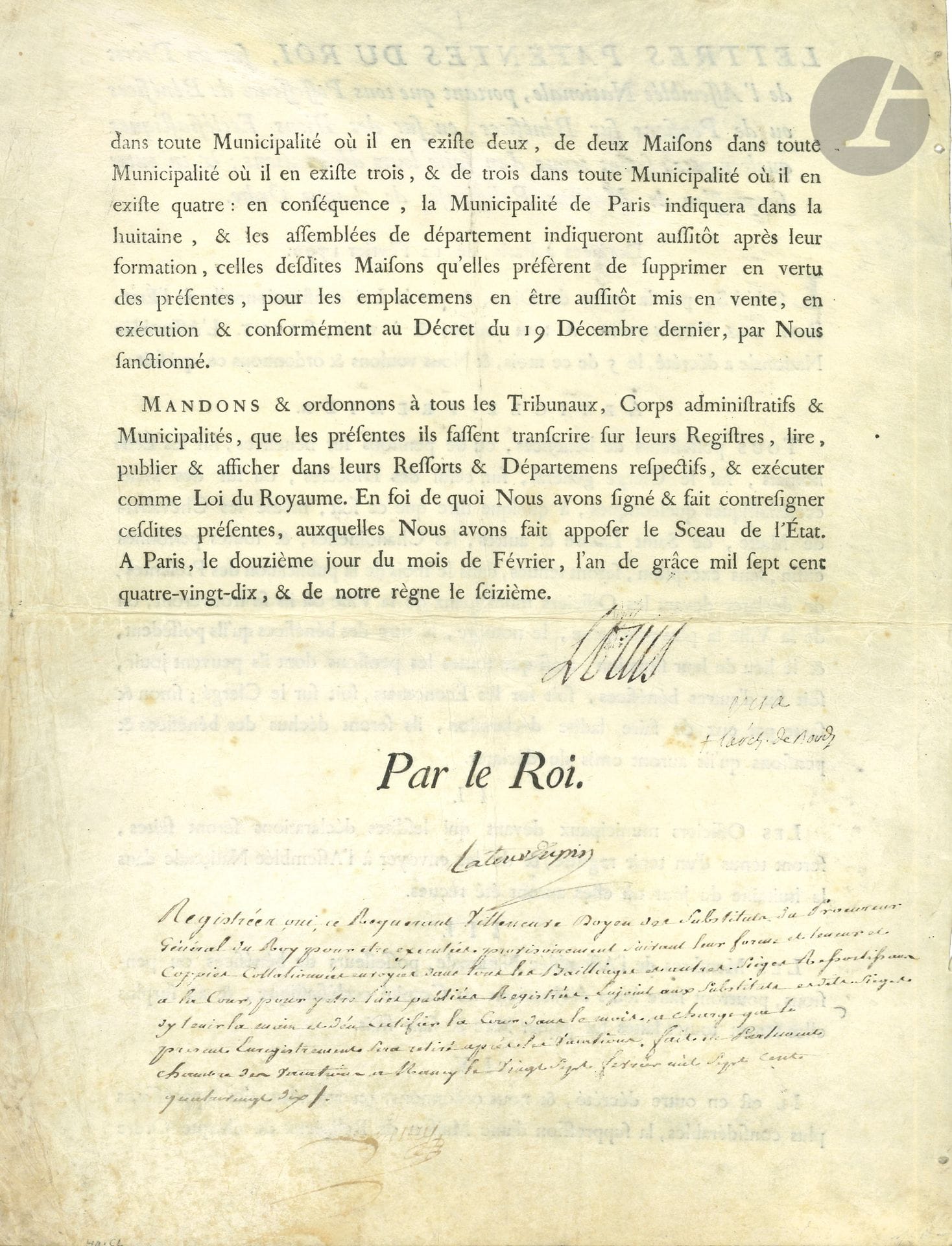 LOUIS XVI (1754-1793) Roi de France. 3 L.S. ou P.S. (secrétaire), Paris 1790-1791 ; 5 pages in-fol. impr. ou en partie impr., la première sur vélin, une adresse.
12 février 1790. Lettres patentes (contresignées par La Tour du Pin) sur un décret de l’Assemblée nationale, « portant que tous Possesseurs de Bénéfices ou de Pensions sur Bénéfices, ou sur des Biens Ecclésiastiques quelconques, seront tenus d’en faire leurs déclarations ; & en outre suppression de Maisons Religieuses de chaque Ordre »… 25 mai 1791, à Nicolas-Charles de Condé, pour sa réception de chevalier dans l’ordre militaire de Saint-Louis (contresignée par Duportail). 14 octobre 1791. Circulaire sur le devoir des officiers et soldats de soutenir la Constitution que le Roi lui-même a acceptée… 
On joint une fausse l.a.s. à Malesherbes, 13 décembre 1786.