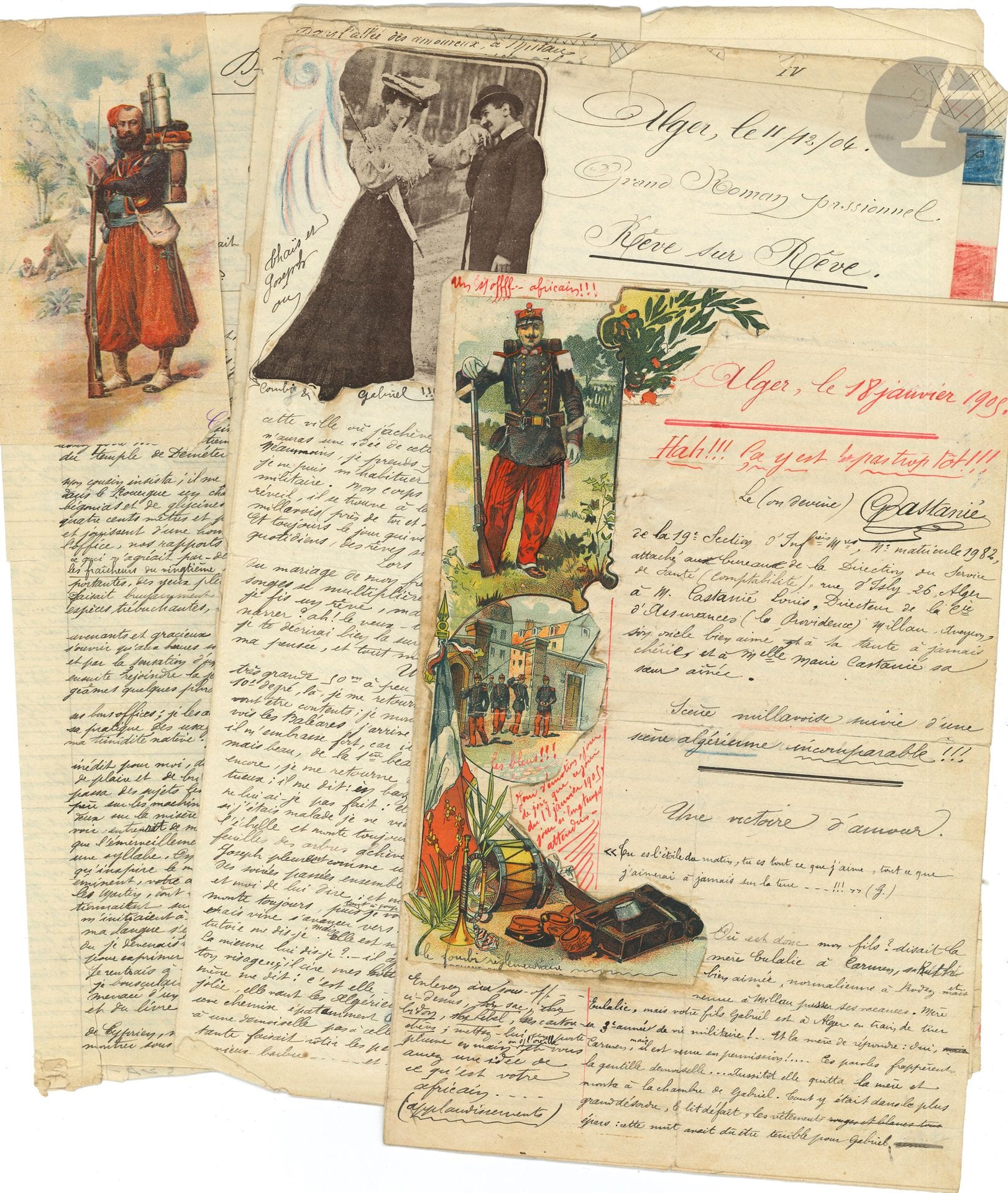 algérie. 19 L.A.S. ou manuscrits autographes, la plupart signés, de Gabriel Castanié (1881-1939) sous-officier à la division du service de santé à Alger, Alger et Djezaïr 1902-1905 ; plus de 70 pages in-fol. ou in-4 (quelques défauts et bords effrangés).
Correspondance illustrée pendant son service militaire en Algérie, de Gabriel Castanié, natif de Millau (Aveyron), futur employé de banque, à son oncle Louis Castanié, directeur d’une compagnie d’assurances, sa tante et sa sœur Marie, religieuse. L’ensemble est illustré de vignettes découpées de la presse illustrant la vie militaire, des scènes d’Afrique du Nord ou de music-hall, et d’une photo de l’auteur, « quand j’étais caporal !!! ». Le conscrit s’y livre à son hobby d’écriture, sous forme de contes et de poèmes : « Une victoire d’amour », « Rêve sur rêve », « Feuillet d’amour », « Scènes algériennes » (série), « Le Printemps à Alger », « Vers Alger ! », etc.
On joint une vingtaine de lettres ou pièces diverses (dont 2 sur vélin dans un étui cylindrique gainé de cuir noir estampé), XVIe-XXe siècle.