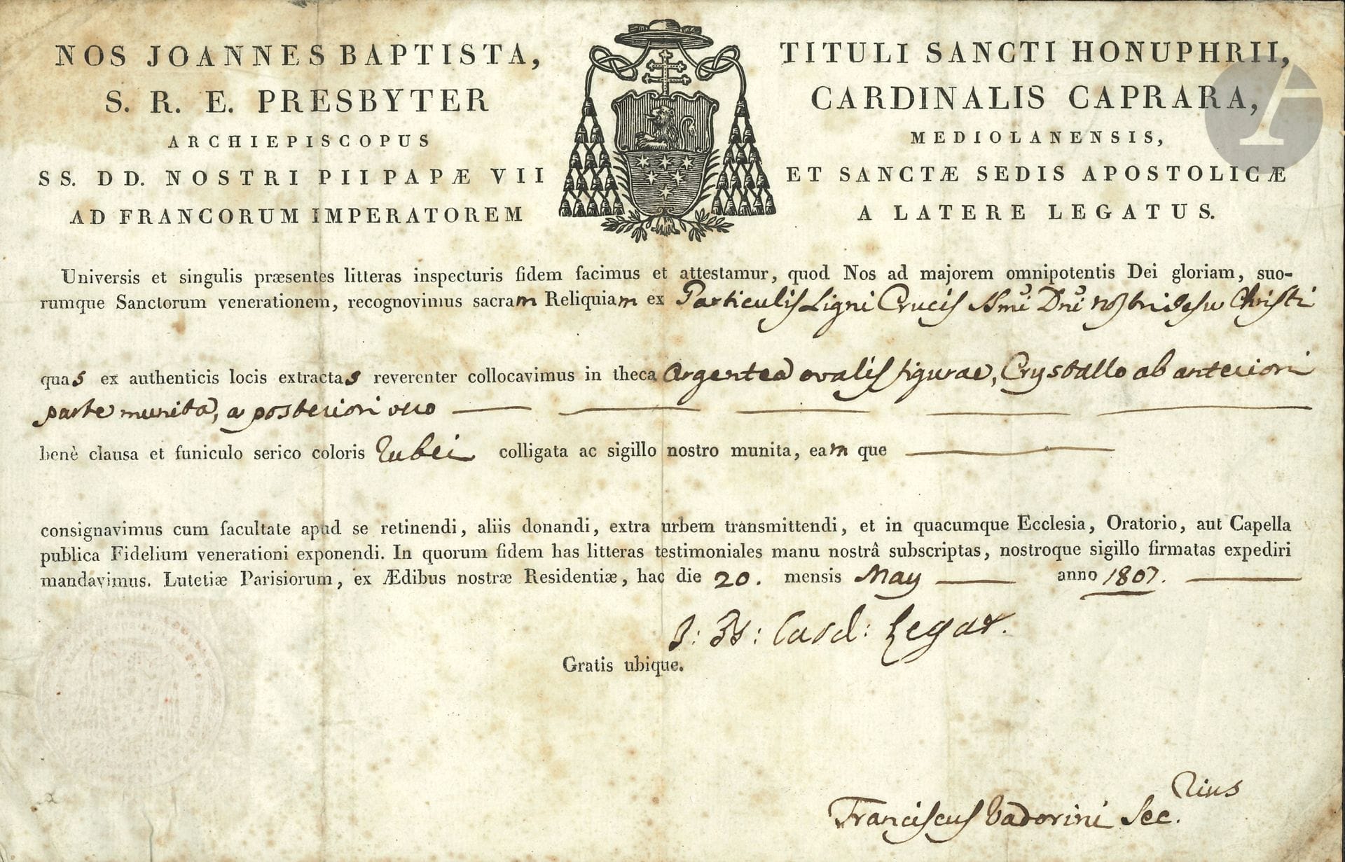 empire. 11 lettres ou pièces, la plupart L.S. ou L.A.S.
Louis Bonaparte (fragment), cardinal Jean-Baptiste Caprara (certificat pour un morceau de la Croix du Christ), comte de Custine, Nicolas Frochot (3, une avec vignette), Louis-Auguste Lansier (maire de la ville de Napoléon en Vendée) ; plus un relevé des décrets et décisions concernant les manufactures des Gobelins et de Sèvres (1810-1811), un état de frais pour le service de la Chambre de l’Impératrice Joséphine (1811), et 2 textes impr. de cantates pour la naissance du Roi de Rome.