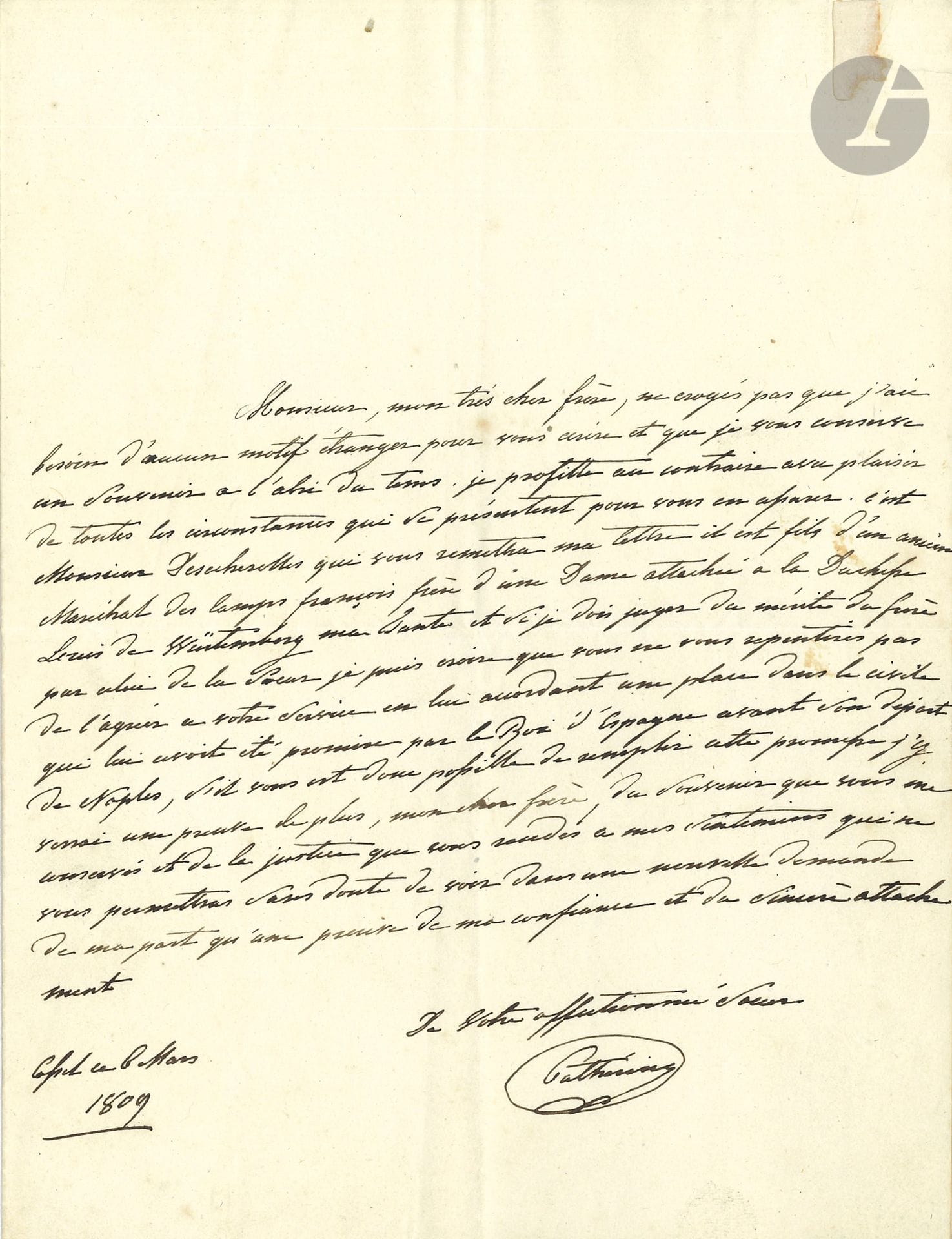 Famille BONAPARTE. CATHERINE DE WURTEMBERG (1783-1835) épouse de Jérôme Bonaparte, reine de Westphalie. L.A.S., Cassel 6 mars 1809, à son frère [Guillaume, futur roi de Wurtemberg] ; 1 page in-4.
Recommandation de Joseph-Étienne Giraud des Écherolles, ancien émigré, officier dans les armées napoléoniennes : « il est fils d’un ancien Maréchal des Camps françois frère d’une dame attachée à la duchesse Louise de Würtemberg ma tante et si je dois juger du mérite du frère par celui de la sœur je puis croire que vous ne vous repentires pas de l’agréer a votre service en lui accordant une place dans la civile qui lui avoit été promise par le Roi d’Espagne avant son départ de Naples, s’il vous est donc possible de remplir cette promesse j’y verrai une preuve de plus, mon cher frère, du souvenir que vous me conservés et de la justice que vous rendés a mes sentiments »… Plus une enveloppe autographe adressée à « Sa Majesté, le Roi de Würtemberg monsieur mon très cher frère », [1816 ou après].
On joint 3 l.a.s. par la princesse Letizia Bonaparte (fille de Lucien, 1847, défauts), le Prince Napoléon (à Cipriani, 1858), et Urbano Rattazzi ; une photographie signée de la princesse Clémentine de Belgique à cheval (1897) ; et une photo représentant la mort de Napoléon III.