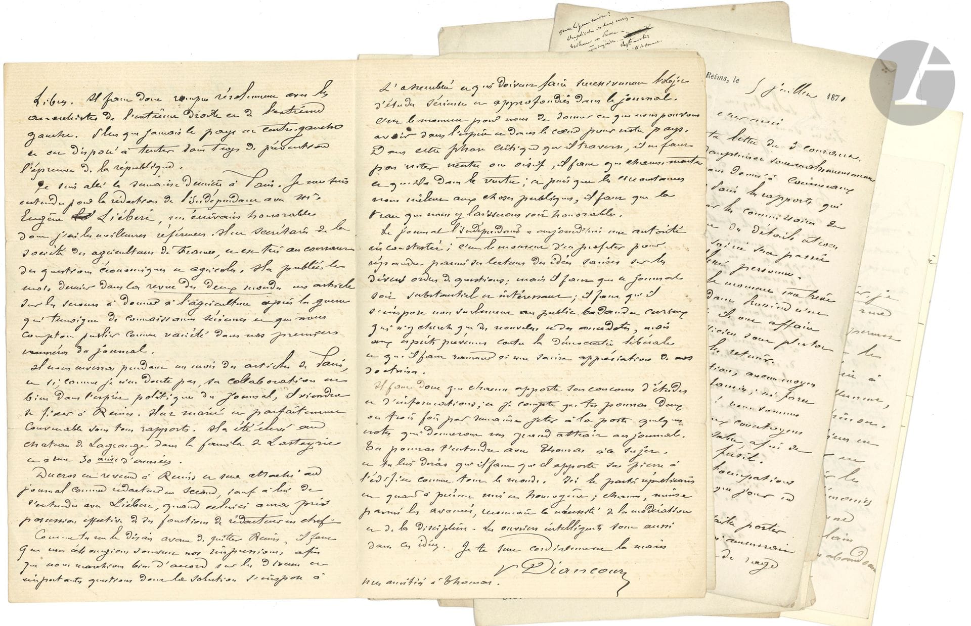 Victor DIANCOURT (1825-1910) homme politique, maire de Reims et député puis sénateur de la Marne. 26 L.A.S., Reims 1871-1875, à Jules Warnier ; 70 pages in-8, la plupart à en-tête L’Indépendant rémois ou Mairie de Reims.
Correspondance amicale au député de la Marne, dont le parcours professionnel ressemblait au sien (commerce de tissus, conseil municipal de Reims, député à quelques années de distance). Il commente la ratification du traité de Versailles (« paix désastreuse et douloureuse », 2 mars 1871), la presse libre menacée, le manifeste du comte de Chambord et le risque de guerre civile, les agissements des Bonapartistes, la proclamation de la République, des affaires de Reims… On rencontre les noms de Jules Barthélemy Saint-Hilaire, Charles Blanc, Albert de Broglie, Jules Grévy, Jules Simon, Adolphe Thiers, Édouard Werlé, etc. On joint le manuscrit d’une Épître à mon ami V. Diancourt, sur sa pièce intitulée L’Hiver, 25 septembre 1848.
