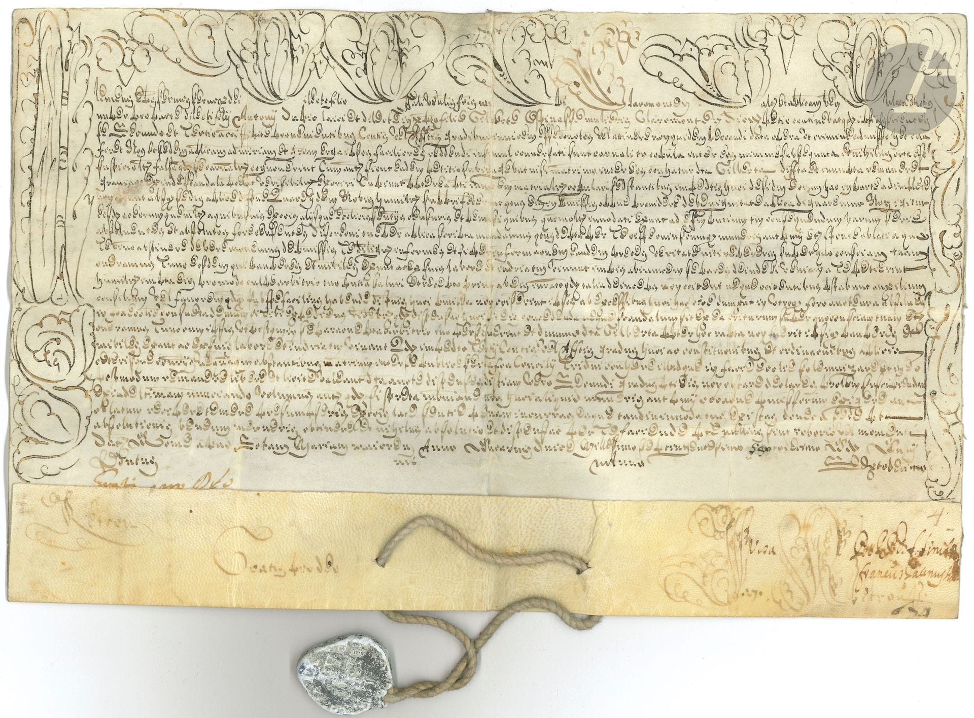 BULLES PAPALES. 2 bulles manuscrites, Rome 1716 et mai 1733 ; signatures de chancellerie ; vélins oblong in-fol. et in-plano avec en-têtes décorés de lettrines à motifs floraux, sceau en plomb au nom de Clément XI (un peu oxydé et rogné) pendant sur cordelette à la 1ère ; en latin.
Bulles au nom de Clément XI (dispense de mariage) et Clément XII (en faveur de Gabriel Hallot, chanoine de la cathédral de Verdun).