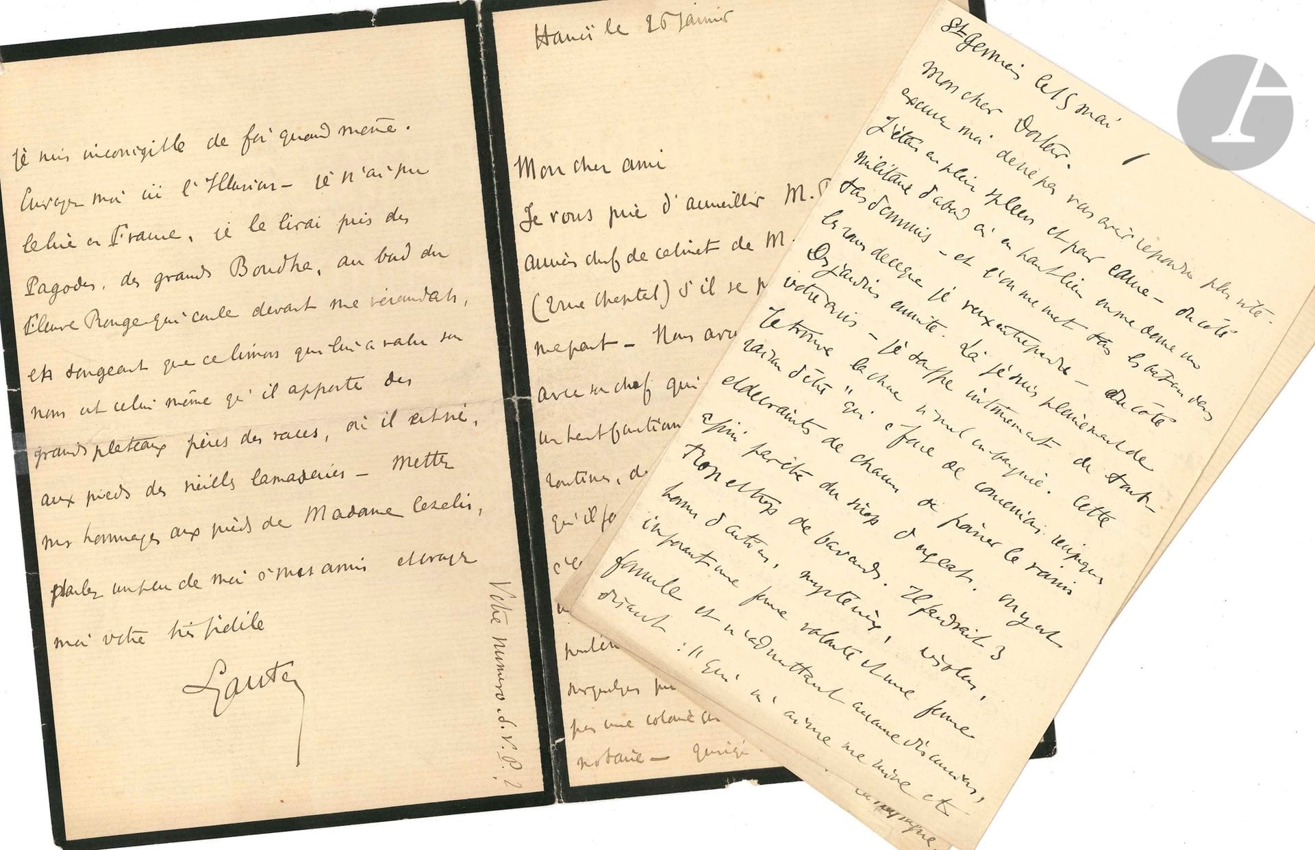 Hubert LYAUTEY (1854-1934) maréchal. 3 L.A.S., [1892-1895 ?], au Dr Henri Cazalis (Jean Lahor) ; 11 pages et demie in-8 (plis fendus réparés à une lettre).
Très belle correspondance. St Germain 15 mai [1892 ?]. Il émet des réserves à propos des idées défendues par Paul Desjardins : « Je suis pleinement de votre avis. Je souffre intimement de tout. [...] Il faudrait 3 hommes d’actions, mystérieux, résolus, imposant une ferme volonté et une ferme formule et n’admettant aucune discussion »... St Germain 11 octobre 1892. Desjardins est « un théosophe excellent, plein de bonnes intentions, mais l’antithèse de l’homme d’action, [...] quelle disproportion entre les rêves flous et la dureté et l’urgence des problèmes actuels. [...] Nous serions plusieurs que le peuple goberait et suivrait – mais nous sommes enlisés dans cette confiture de guimauve dont nous ne savons comment nous dépêtrer. [...] Mon rêve de la transformation de la vie intime de l’armée, de l’urgence et de la possibilité d’y tuer le marasme, d’y jeter la vie, la lumière, la gaité, la cordialité entraînante, tout cela ce n’est qu’un point particulier, un petit côté – et c’est le seul auquel j’ai le droit de me vouer et encore, je suis un serf, n’ayant le droit ni de parler, ni d’écrire, ni de remuer – à supposer même que j’en eusse l’étoffe et je le nie nettement. Je suis, de par mes fonctions, le dernier à pouvoir me mettre en avant et à organiser quoi que ce soit. Le chef de file manque »... Hanoï le 26 janvier [1895 ?]. Lyautey évoque sa vie à Hanoï et ses inquiétudes politiques : « Je suis encore mal orienté. [...] Je vis au milieu de gens forts et simples qui ont tous payé un cher tribut de fatigues et de dangers et cela seul est réconfortant déjà. [...] Les snobs sont très loin et d’ici, [...] la succession des ministres, des présidents, les maîtres chanteurs paraissent un jeu de guignols dont un inconscient tiendrait les ficelles. Hélas cet inconscient, c’est le peuple français, et à ce régime notre chère, notre belle, noble nation où nous avons vous et moi et d’autres senti si souvent les plus généreuses pulsations, subit de rudes assauts »... 
On joint une carte de visite du général Pétain.