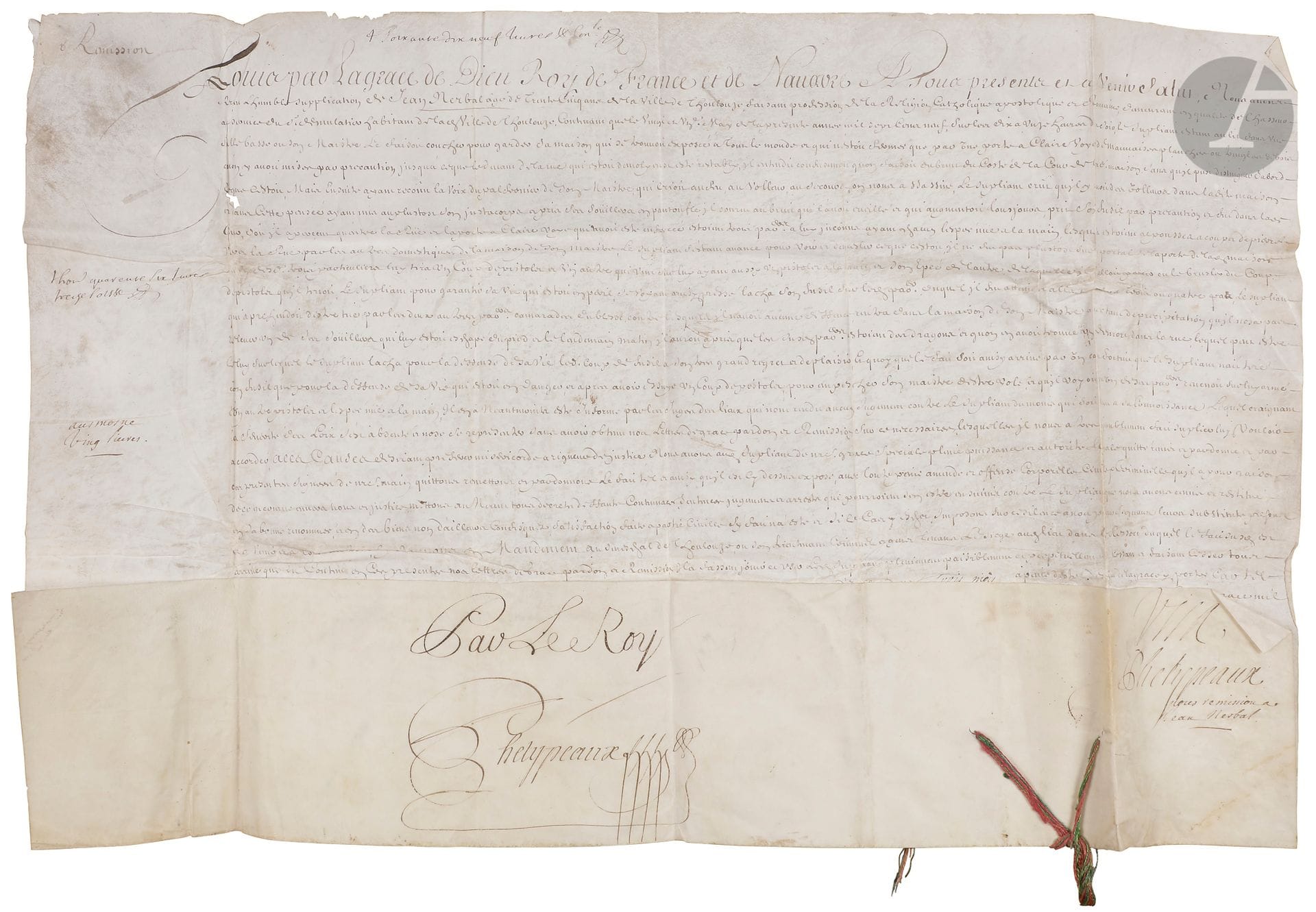LOUIS XIV (1638-1715). P.S. (secrétaire), Versailles septembre 1709 ; contresignée sur le repli par Phelypeaux ; vélin in-plano, lacs de soie rouge et vert sans le sceau.
Lettres de rémission en faveur de Jean Nerbal, chasseur au service du sieur de Mulatier, à Toulouse, qui, en défendant la maison de son maître attaquée par des voleurs, tua un dragon d’un coup de fusil.
On joint un autre arrêt de Louis XIV sur requête reçue par le Conseil souverain d’Alsace, et des lettres de rémission signées par Louis XV (secr.), 1722.
