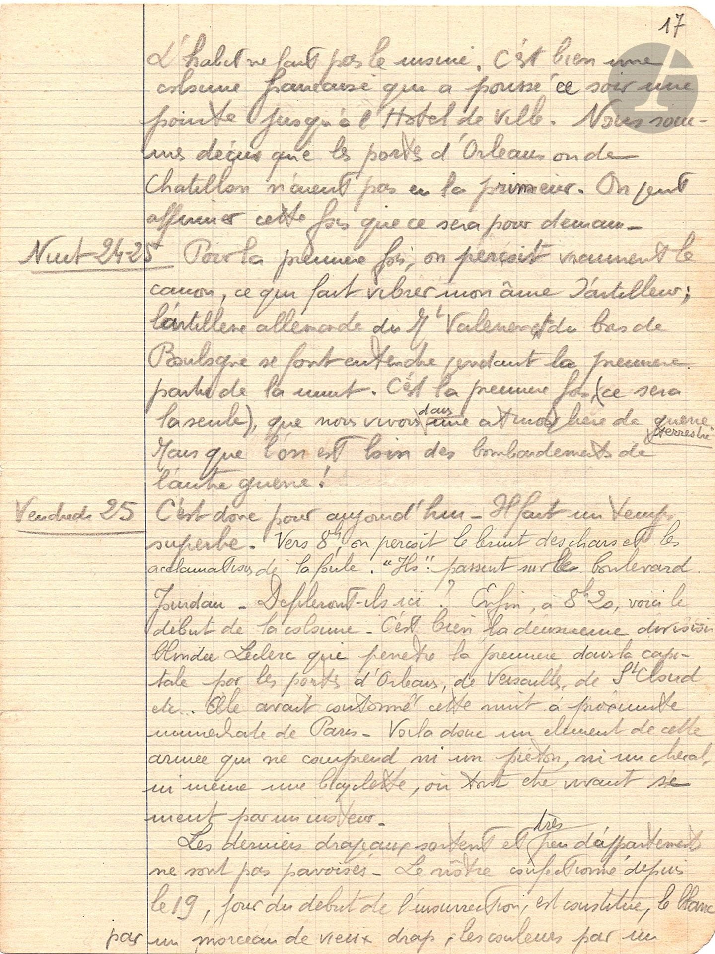 GUERRE 1939-1945. Capitaine RIEU. 36 L.A.S. et manuscrit autographe, octobre 1939-mai 1940 et mai-août 1944, à ses parents à Enfonvelle (Haute-Marne) puis à sa mère à Colombes ; environ 60 pages formats divers (qqs adresses), et 27 pages in-4 au crayon sur papier quadrillé.
Très intéressant ensemble de lettres d’un capitaine artilleur pendant la guerre, puis son passionnant journal racontant la Libération de Paris.
Un premier ensemble de 25 lettres va du 4 octobre 1939 au 15 mai 1940. Le capitaine Rieu est au 235e Régiment d’artillerie lourde, Batterie hors rang SP 94. 4 octobre 1939 : « Le 1er acte vient de s’achever pour nous. Après avoir reçu les félicitations du commandement pour avoir été la première armée française à pénétrer en territoire ennemi (terrain conservé à l’heure actuelle), nous avons quitté nos positions pour nous reposer quelques jours à l’arrière. Nous pensons arriver ce soir à notre cantonnement final. Nous avons reçu hier soir les premiers civils. Dans le petit village où nous passons la journée il y aurait 1500 soldats pour 200 habitants »… 29 octobre : « Les boches semblent avoir repris le terrain que nous avons conquis du 9 au 13 septembre. Il n’y a pas à s’alarmer car dès le 17 septembre nous avons déjà reculé toute notre artillerie jusqu’à la limite de portée ne laissant que le minimum de troupes sur les premières lignes… Le mauvais temps, les crues ne sont pas propices à une forte offensive dans notre région »… 8 novembre : « nous sommes pour ainsi dire à la campagne en vacances prolongées. Mais au fait où y -a-t-il vraiment la guerre ? »… Son père décède en février 1940. 10 mai : « La région s’anime. C’est 1914 qui recommence. Aurons-nous encore un Charleroi ? ou les boches seront-ils arrêtés avant. Il ne faut pas se dissimuler qu’ils ont un matériel énorme. Et pendant qu’un seul homme y gouverne, les alliés cherchent leurs hommes et leur voie »…
Une seconde série de lettres va du 14 mai au 31 juillet 1944 ; Rieu donne de nombreux détail sur la vie quotidienne à Paris : difficultés du ravitaillement, enchérissement des vivres, stations de métro fermées, coupures d’électricité et baisse de pression du gaz, bombardements sur les villes de banlieue, les alertes, la disette, les faux billets, les queues aux boulangeries, la circulation à bicyclette, etc.
Le 1er octobre 1944, Rieu envoie à sa mère un long journal relatant jour par jour, du 11 au 27 août, la Libération de Paris. Il commence par résumer la situation et les opérations en France depuis le débarquement en Normandie, et les avancées des Alliés, et la vie à Paris au début du mois d’août : absence de ravitaillement, prix élevés du marché noir, évacuation d’Allemands, etc. Puis le journal est tenu quotidiennement à partir du 11 août. Le 15, il voit « l’affiche de l’ordre de mobilisation lancé par la Résistance ». Le 19 : « Les gens attendent la libération d’une minute à l’autre. […] Des drapeaux sont aux fenêtres mais les allemands tirent dessus et tous sont retirés… Les patriotes commencent à attaquer les patrouilles et autos allemandes ; ils disposent de revolvers, de quelques fusils, ont en général peu de munitions ; ils ont aussi des bouteilles explosives fabriquées clandestinement dans des laboratoires »… Le 20 : « L’hôtel de ville, la Préfecture de Police, les mairies, commissariats de police, ministères sont petit à petit conquis. Les organisations clandestines entrent de plus en plus en action »... Le 21 : « Les premiers journaux paraissent… Tous appellent aux armes. Des affiches partout engagent le peuple à la levée en masse ; elles émanent des FFI, du CNR (Conseil national de la Résistance), des FTPF (francs-tireurs et patriotes français), etc. Bientôt une cinquantaine de milliers de patriotes et FFI participent à l’action. Ceux-ci, armés médiocrement, traquent les camions allemands, font quelques prisonniers et capturent des armes qui serviront pour d’autres attaques. En fait on ne voit plus d’allemands isolés, mais seulement des camions bourrés de soldats dont les fusils sont braqués sur la chaussée qui assurent la liaison et le ravitaillement entre les points stratégiques, ainsi que quelques chars… à chaque instant on se trouve nez à nez avec une voiture FFI (ce qui n’est pas grave) ou une voiture allemande (ce qui l’est davantage). Dans le deuxième cas, il est prudent de rentrer dans la première maison venue car on ne sait jamais »… Le 22 : « Les barricades se multiplient, formées de sacs de sable placés par la Défense Passive dans les immeubles, de grilles d’arbres, de pavés provenant de la chaussée, d’arbres abattus, de voitures du service de nettoiement, de tous les objets les plus hétéroclites… La fusillade s’entend maintenant sans arrêt, échangée entre les Patriotes et les camions allemands qui circulent encore. On n’y fait plus attention, sauf quand elle est très proche. Comme il fait beau, de nombreux promeneurs arpentent les Champs-Élysées et voient d’un regard un peu narquois les camions bou