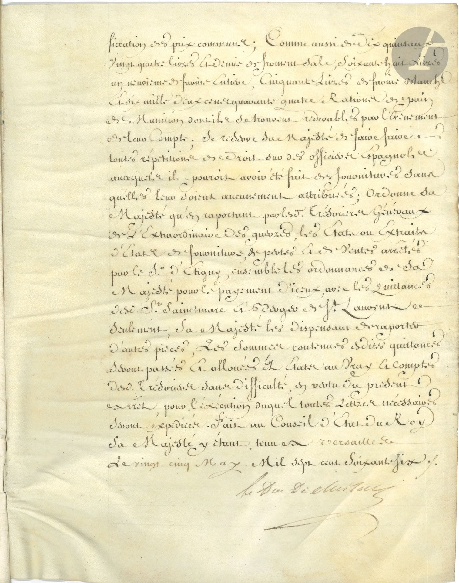 Étienne-François, duc de CHOISEUL (1719-1785) ministre des Affaires étrangères. P.S., Versailles 25 mai 1776 ; 13 pages in-fol. sur vélin en cahier (1er f. détaché).
Extrait des registres du Conseil d’État du Roi, exposant l’exécution de la charge attribuée par le ministre de la Guerre en 1762 aux sieurs Alexis-Louis Sainctmarc, Jean-Baptiste Boyer de Saint-Laurent, et trois autres munitionnaires des provinces méridionales, d’agir en régisseurs auprès de ses troupes auxiliaires en Espagne, devant se porter sur le Portugal avec l’armée de Sa Majesté Catholique : opérations de ravitaillement au camp sous Bayonne et jusqu’à Valladolid, en pain de munition ; moyens « extraordinaires et dispendieux » mis en œuvre pour obtenir des blés des habitants ; nécessité de licencier des employés superflus ; soumission des comptes, etc.