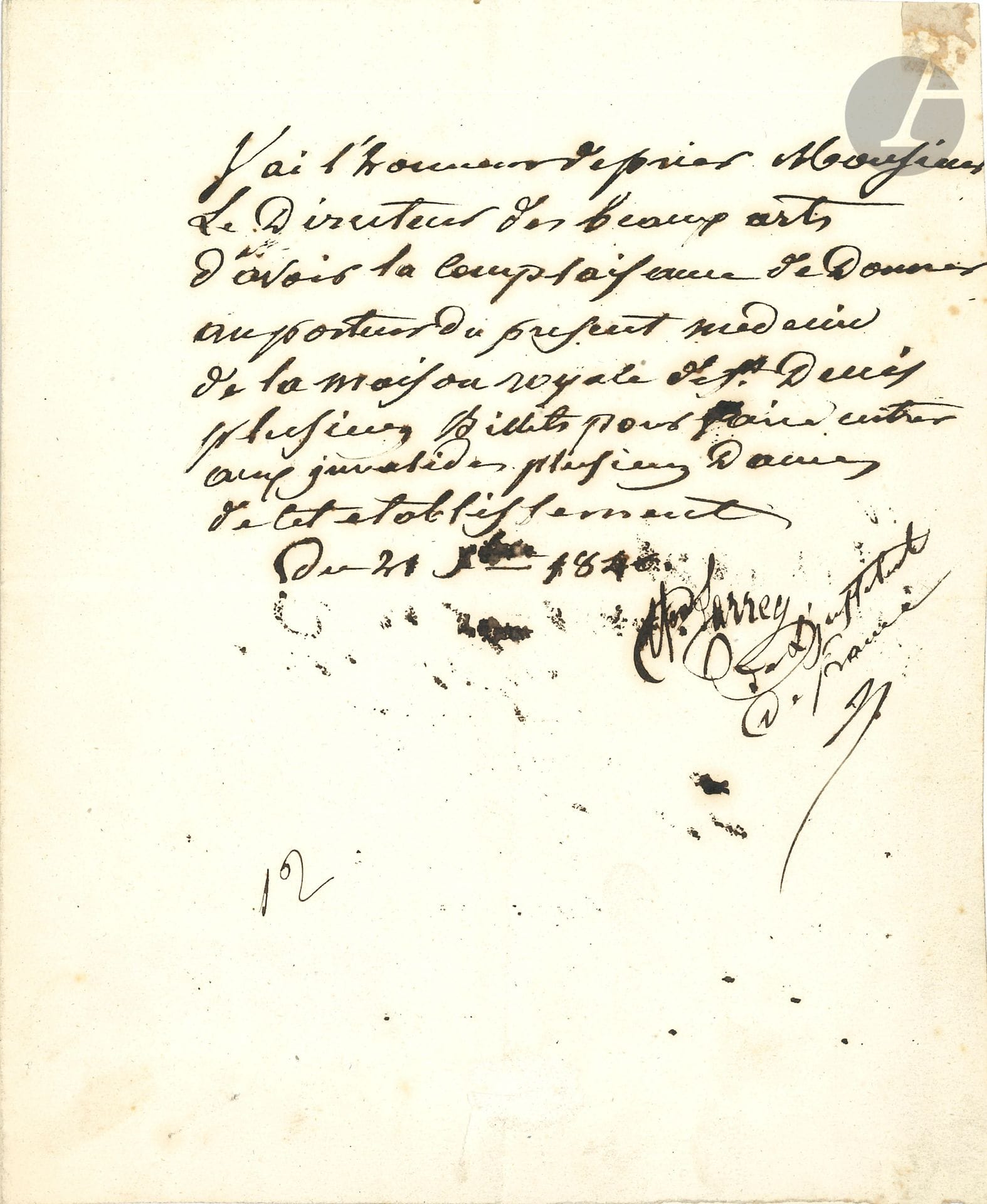 Dominique-Jean, baron LARREY (1766-1842) chirurgien militaire. L.A.S., 21 décembre 1840, au directeur des Beaux-arts ; demi-page in-4 (portrait joint).
« J’ai l’honneur de prier Monsieur le Directeur des beaux arts d’avoir la complaisance de donner au porteur du présent médecin de la Maison royale de St Denis plusieurs billets pour faire entrer aux Invalides plusieurs dames de cet etablissement »…