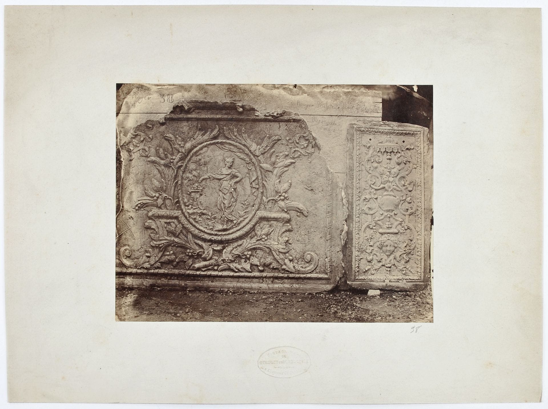 Hyacinthe-César Delmaet (1828-1862) et Louis-Émile Durandelle (1839-1917)
Château de Bercy, c. 1870. 
Bas-relief de Rouyer. 
Deux épreuves sur papier albuminé, contrecollées sur cartons. Timbres secs des photographes sur les montages. Légendes et crédits des photographes dans les négatifs. 
Format moyen : 16,5 x 22 cm 

Hyacinthe-César Delmaet (1828-1862) and Louis-Émile Durandelle (1839-1917)
Château de Bercy, c. 1870. 
Bas-relief by Rouyer. 
Two albumen prints, mounted on cardboard. Photographers' blind stamps on mount. Photographer's captions and credits in the negative. 
Average size: 16,5 x 22 cm