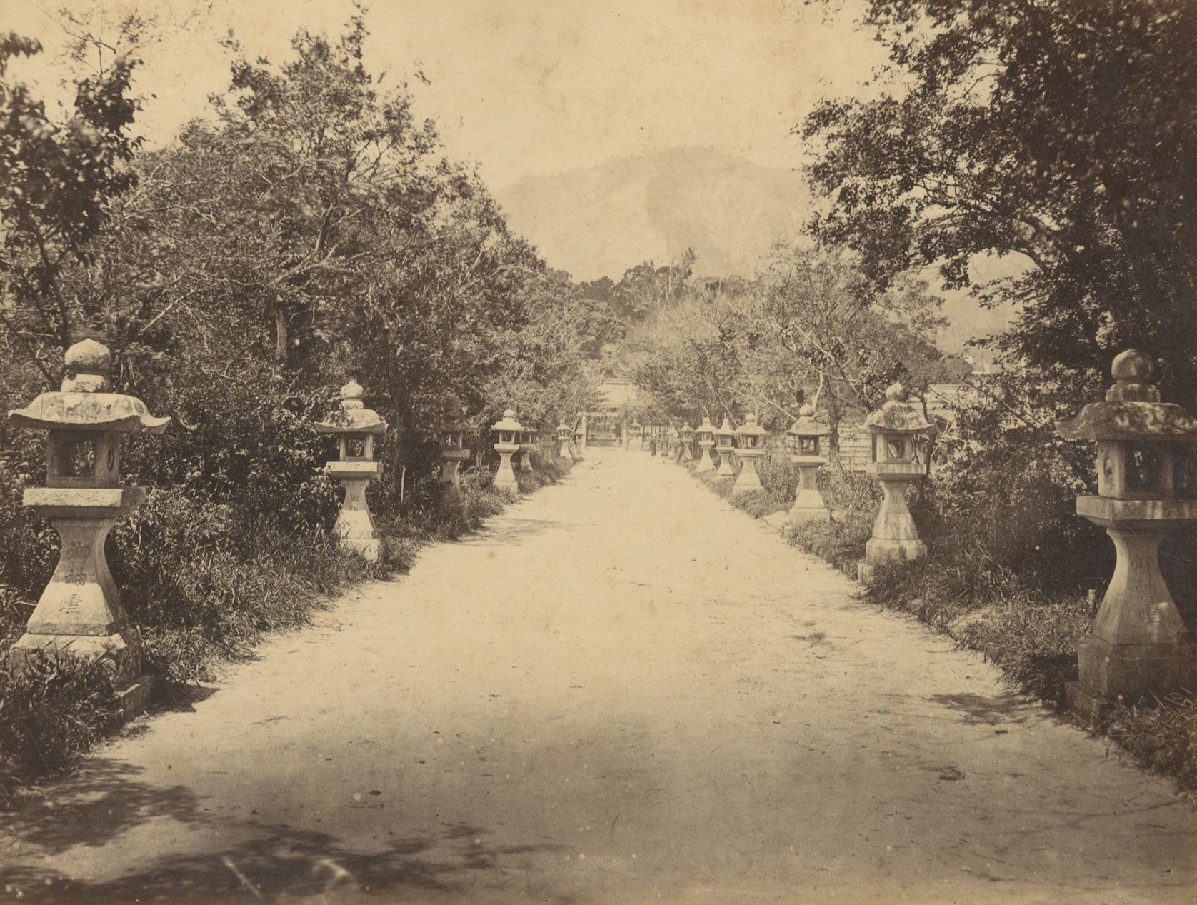 Ichida Sōta (1843-1896)
Japon. Kobe, c. 1870. 
Plantation de thé. Allée menant au sanctuaire shintō Ikuta jinja.
Deux épreuves sur papier albuminé, contrecollées sur carton (recto/verso). Annotations manuscrites sur le montage.
Format moyen : 16,5 x 22 cm 

Une des épreuves est présente dans un album du studio Ichida Sōta, conservé dans les collections du musée Guimet.

Ichida Sōta (1843-1896)
Japan. Kobe, c. 1870. 
Tea plantation. Walkway leading to the Shintō shrine Ikuta jinja.
Two albumen prints, mounted on cardboard (recto/verso). Handwritten annotations on mount.
Average size: 16.5 x 22 cm