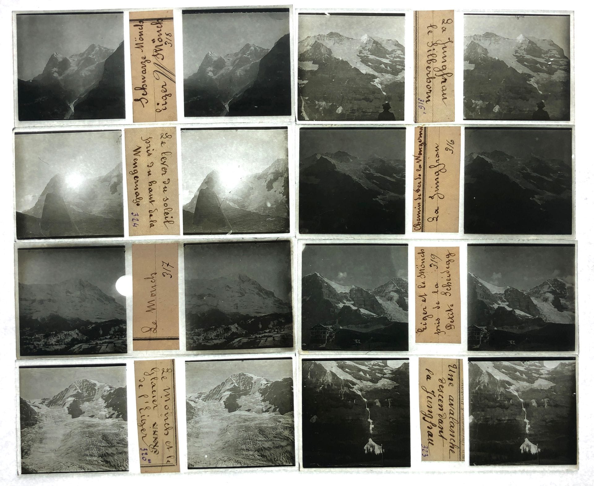 Photographe non identifié
Alpes suisses, c. 1890-1900. 
La Jungfrau. Le lever du soleil pris du haut de la Wengernalp. Chemin de fer. Silberborn. Glacier de l'Eiger. Glacier. Avalanche. Lucerne. Le col du Brünig. Meiringen. Lac de Brienz. Lac de Thoune. Leysin. Chesières. Cascade. Torrent. Col de la Gemmi. Lac de Daube. Axenstein. Lauterbrunnen. Col de la Furka. Leukerbad. Route des Vernayaz. Le Mont Blanc. Grindelwald. Interlaken. Bâle. Fribourg. Berne. Einsiedeln. Sion. Lac des Quatre Cantons. 
Environ 265 plaques de verre stéréoscopiques au gélatino-bromure d'argent, dans leurs 14 boîtes Britannia Works Company Ltd. Nombreuses légendes sur étiquettes sur les plaques et sur les boîtes.
4,5 x 10,5 cm 

Unidentified photographer
Swiss Alps, c. 1890-1900. 
La Jungfrau. Le lever du soleil pris du haut de la Wengernalp. Chemin de fer. Silberborn. Glacier de l'Eiger. Glacier. Avalanche. Lucerne. Le col du Brünig. Meiringen. Lac de Brienz. Lac de Thoune. Leysin. Chesières. Cascade. Torrent. Col de la Gemmi. Lac de Daube. Axenstein. Lauterbrunnen. Col de la Furka. Leukerbad. Route des Vernayaz. Le Mont Blanc. Grindelwald. Interlaken. Bâle. Fribourg. Berne. Einsiedeln. Sion. Lac des Quatre Cantons. 
Approximately 265 stereoscopic silver gelatin glass plates, in their Britannia Works Company Ltd boxes. Numerous captions on labels on plates and on boxes.
4.5 x 10.5 cm
