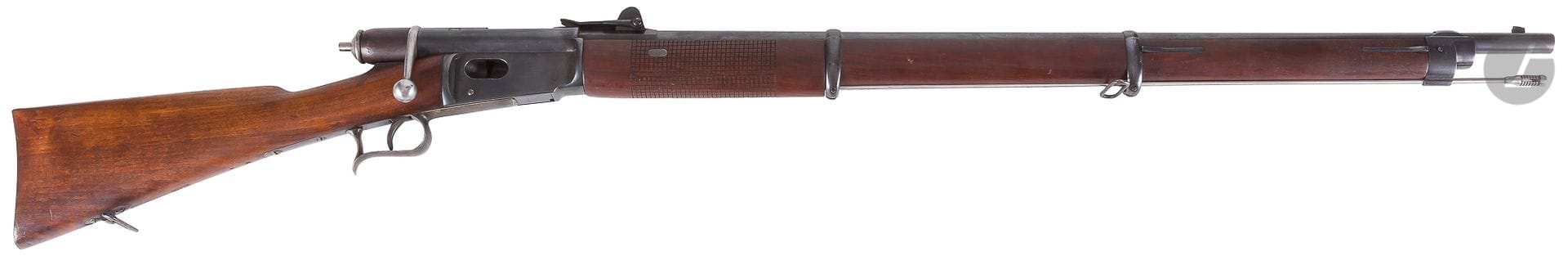 Vetterli rifle model 1871, calibre 10,4 mm 

Round barrel of 83cm with rise.

Case of breech struck of the Swiss cross and "Soc. Ind. Suisse Syst. Vetterlin".

Iron fittings.

Walnut stock with hallmarks and stamp.

Bronze finish. 

Total length: 130,5 cm

B.E. N° 62697. 



The Vetterli rifles were conceived by Johann-Friedrich Vetterli (1822-1882), technical director of the Swiss Industrial Society SIG, in Neuhausen.